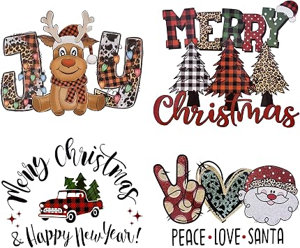 4Pcs Iron on Patches & Decals - Christmas Tree, Deer Car Heat Transfer Stickers for T-Shirt, Pillow Covers, Clothing, Jackets, Bags & DIY Decorations