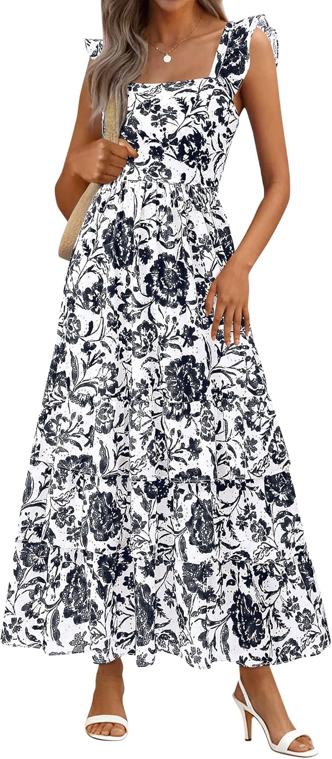 BTFBM Spring Dresses for Women 2026 Sleeveless Boho Floral Maxi Wedding Guest Dress Beach Vacation Clothes with Pockets