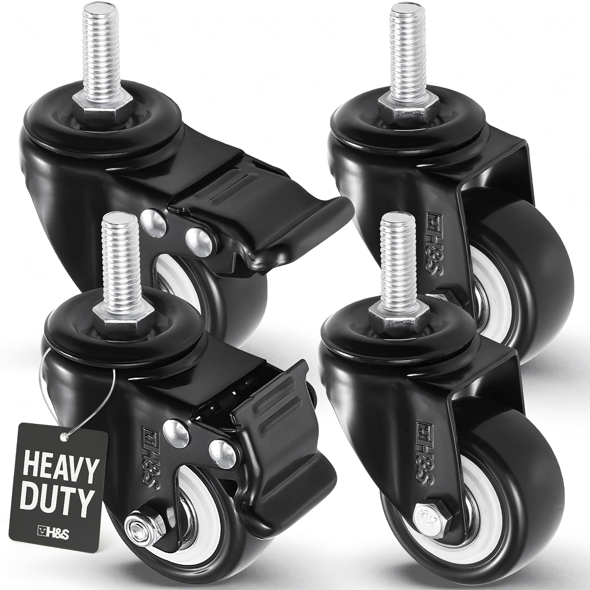 H&S Heavy-Duty Caster Wheels for Trolley & Outdoor Furniture – 4 Casters with Brakes, Black - Castor Wheels