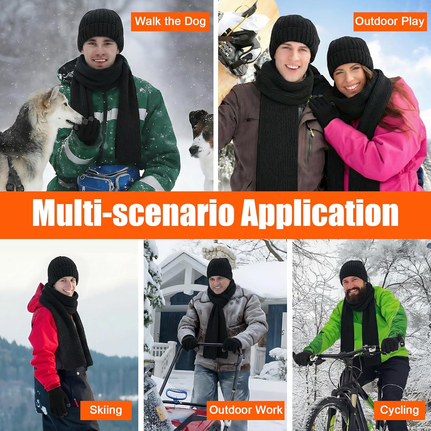 3 Pcs Hat Gloves Scarf Set Black Winter Hats Knit Beanie Touchscreen Glove Long Scaves Themal Skull Caps for Men Women - Image 5