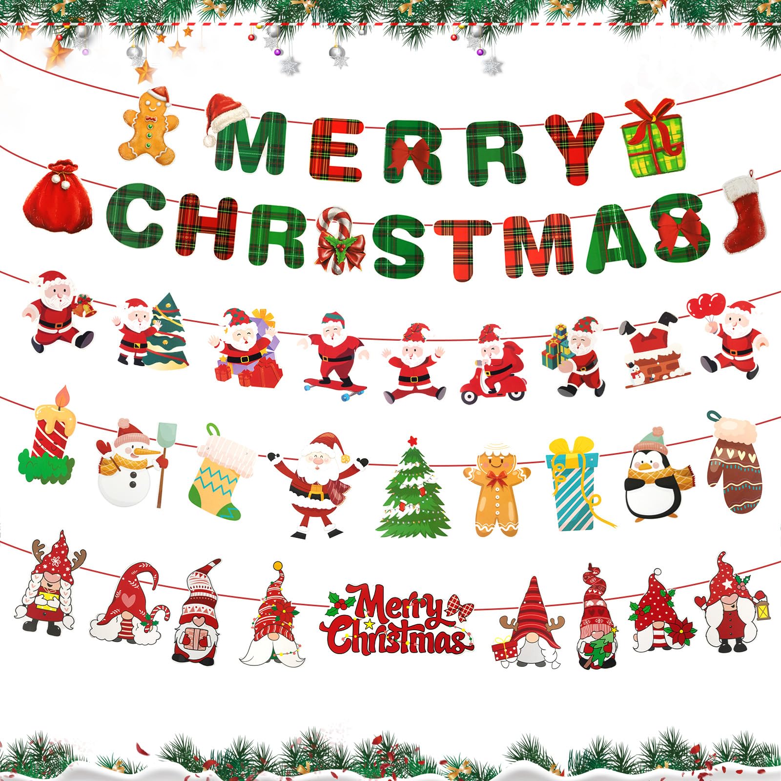 4PCS Merry Christmas Bunting Banner, Christmas Decorations Hanging Bunting Garland Xmas Signs Hanging Banner Decoration for Xmas Party Decoration Home Indoor Wall Fireplace