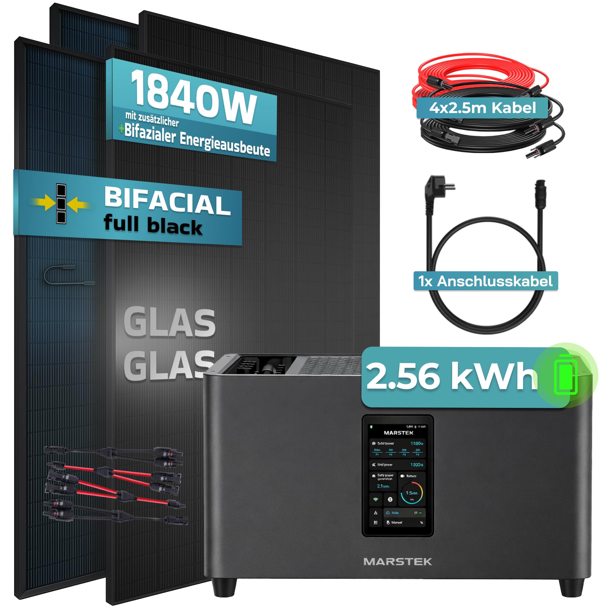 SUNNIVA® 1840W Balkonkraftwerk mit 2,56 kWh Speicher MARSTEK Jupiter C + Plus, BIFAZIAL FULLBLACK komplett Steckdose, PV Solaranlage Komplettset mit Solarspeicher, 4x 460W N-Type Glas-Glas Bifacial