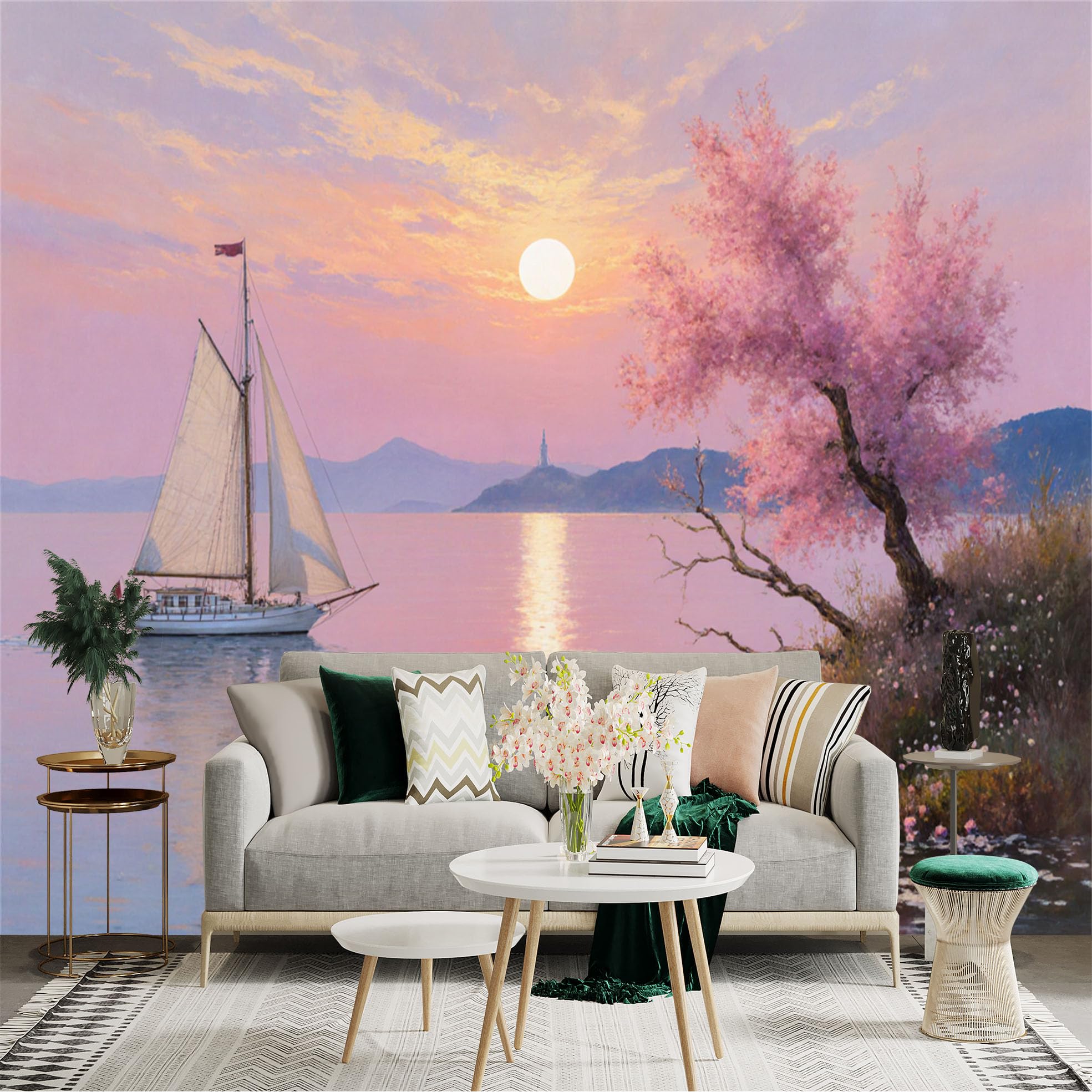 Lnzczhyre Xc260505842 Custom Size Wall Sticker Mural， Sailboat On Calm Lake At Sunset， Pink Cherry Blossom Tree， Peaceful Coastal Landscape， For Wall Decoration， Peelandstick Wall Decals.