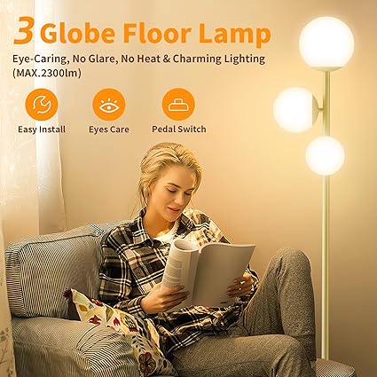 CRLL Vloerlamp voor woonkamer, 18 W, moderne vloerlamp met 3 kleurtemperaturen, hoge lamp met voetschakelaar, 3 lampen G9, 3 lampenkappen, lampen voor slaapkamer, woonkamer, kantoor (goud) photo 2