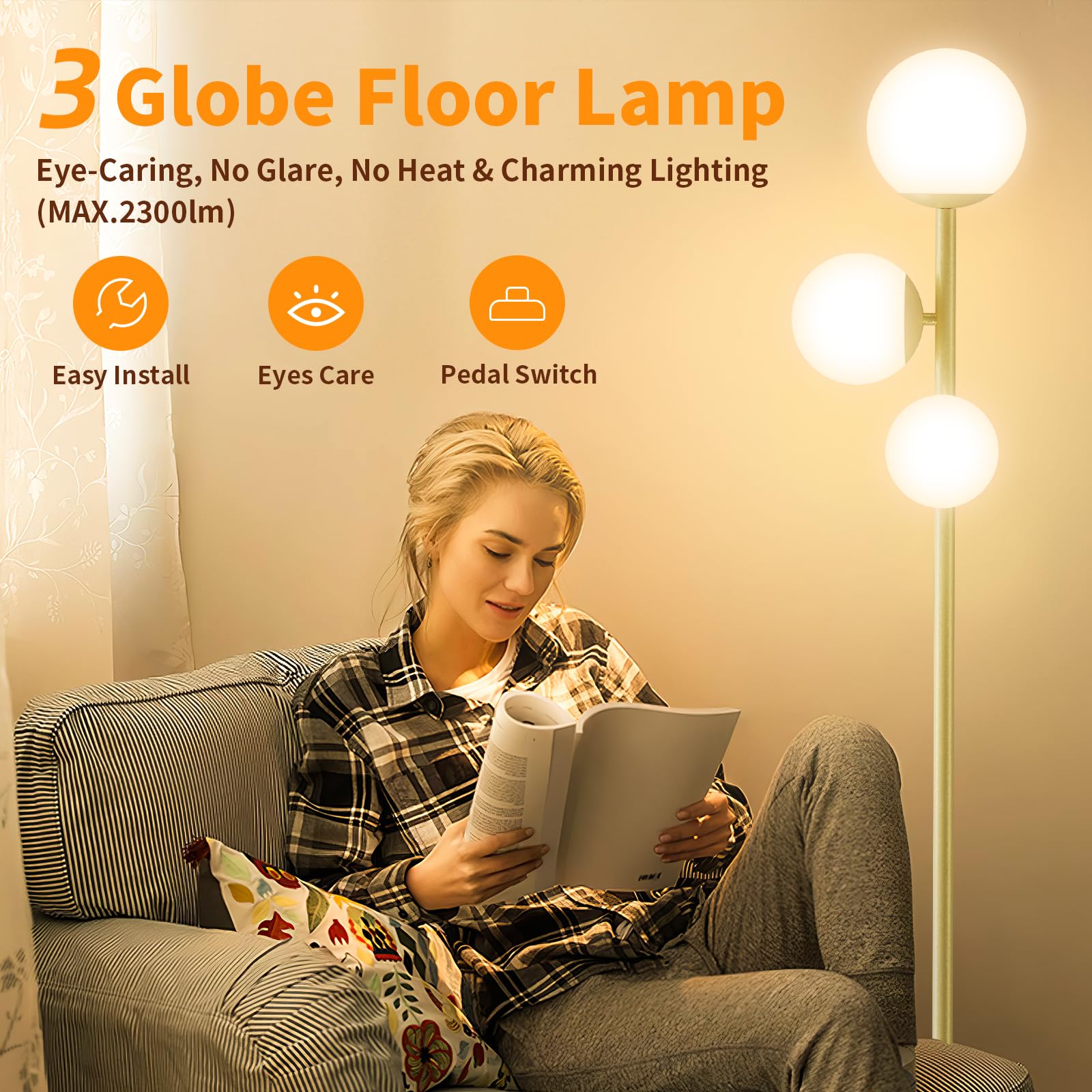 Stehlampe für Wohnzimmer, 18W Modernes Stehlicht mit 3 Farbtemperaturen, Hohe Lampe mit Fußschalter, 3*G9-Glühbirnen|Lampenschirm, Augenschonende Stehlampen für Schlafzimmer Wohnzimmer Büro (Gold)