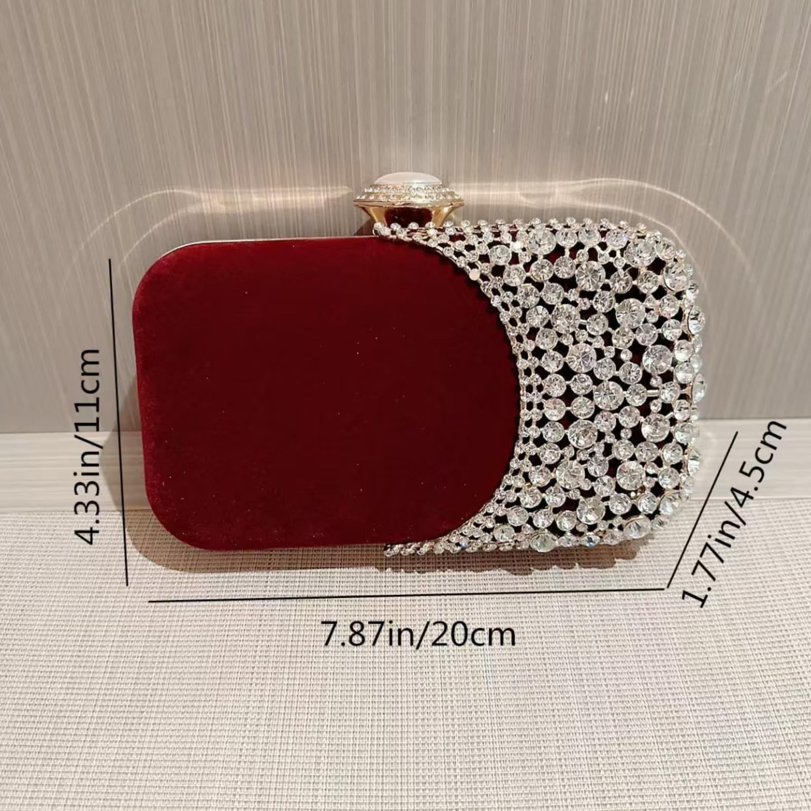 CYBHSM - Pochette da sera in velluto con strass, con catena di chiusura a perla, piccola borsa a tracolla rigida per donne, banchetto, festa, rosso nero