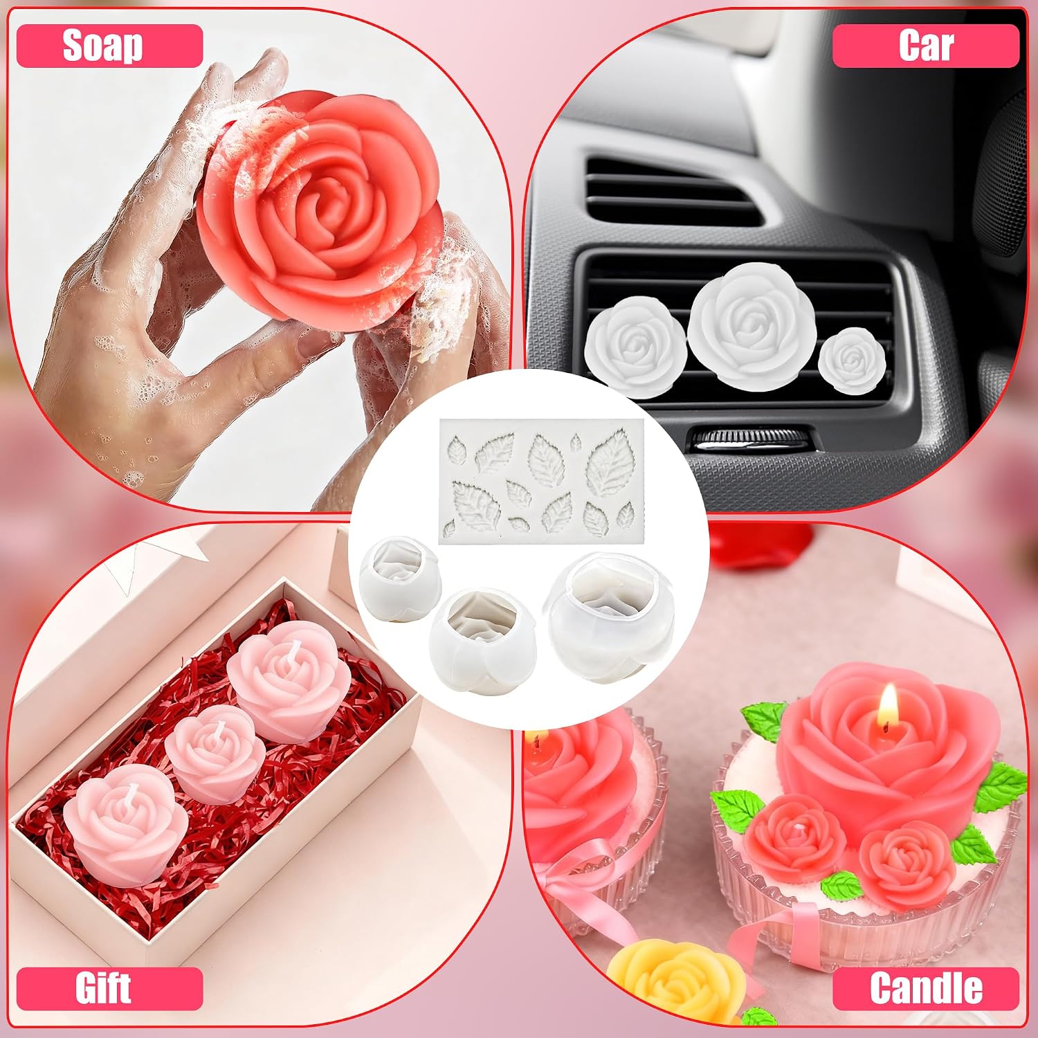 4 PCS Rose Silicone Candle Mold Set Large/Medium/Small | Flower Leaf Mold | Food-Grade Silicone | Easy Demolding & Non-stick | Candle Making, Soap Making, Epoxy Resin Casting, Home Decor, DIY Crafts
