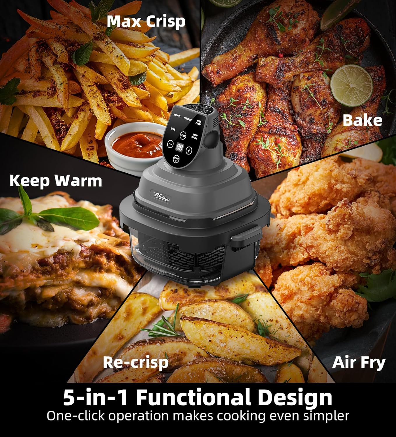 5-in-1 portable glass air fryer, 4qt & 6-cup glass containers with lids, silicone mat, 1500w small air fryer, 90% less oil, dishwasher/freezer safe for single servings, family meals - black grey