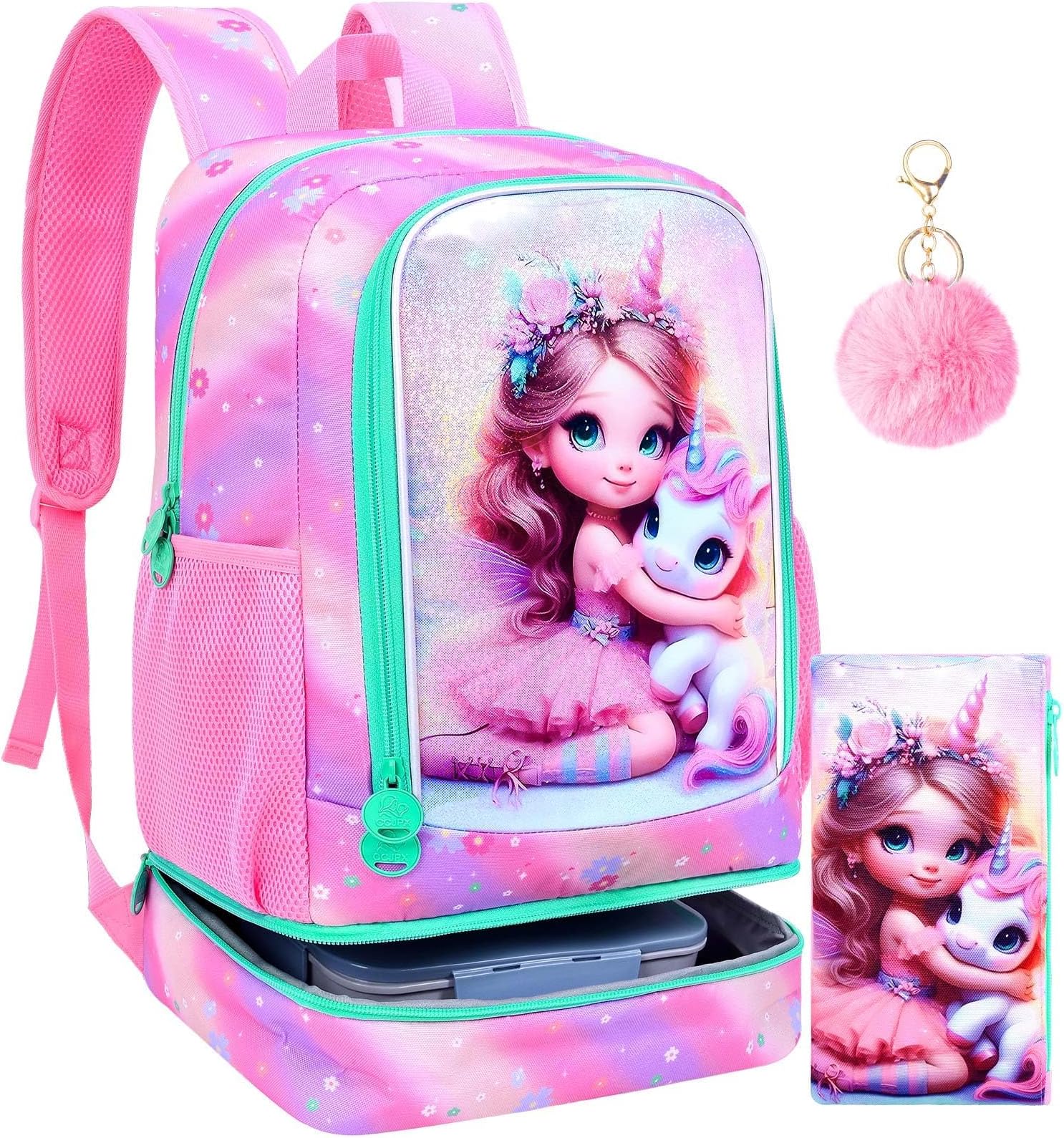 gxtvo 2-in-1 Unicorn Bookbag for Girls, 17" Kids backpack with Built-in Bottom Lunch Compartment and Pencil Bag, Water-Resistant School Bag for Elementary Preschool Toddler - Fairy with Unicorn