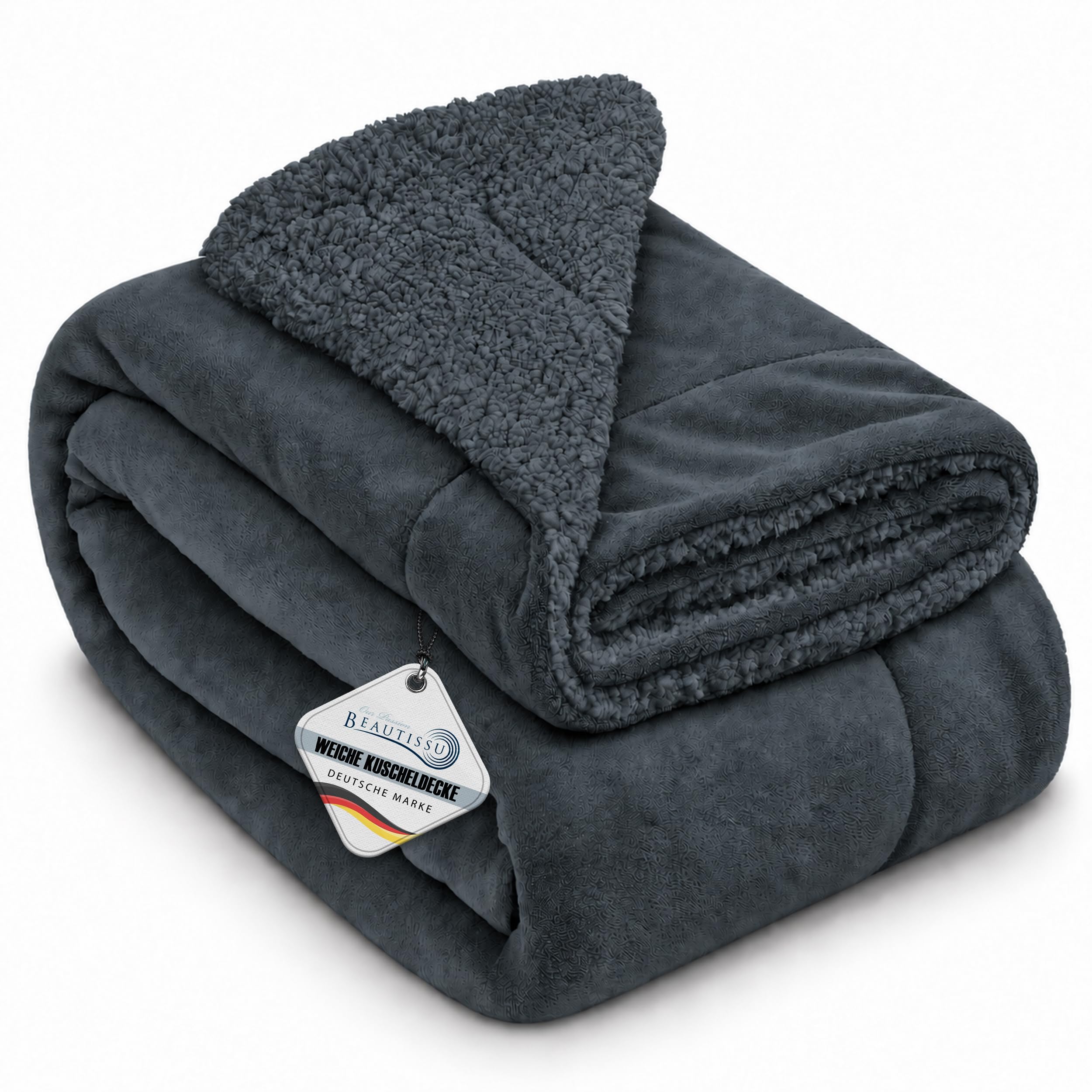 Beautissu Sherpa Decke Wohndecke Kuscheldecke warme dicke Winterdecke Sofa | 150x200cm Anthrazit Lammfell-Optik flauschige XL Überwurf Couch Fleecedecke Tagesdecke Wohnzimmer Alina