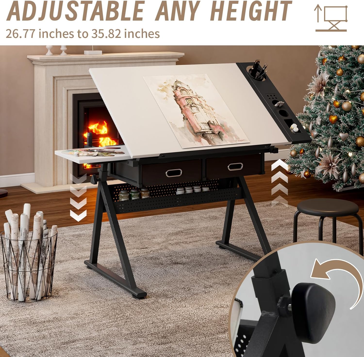 Adjustable Drawing Desk with 0-75° Tilting MDF Top, Art Desk with 2 Fabric Drawers & Storage Strips, Height Adjustable 26.7"-35.8" Drafting Table with Stool,White