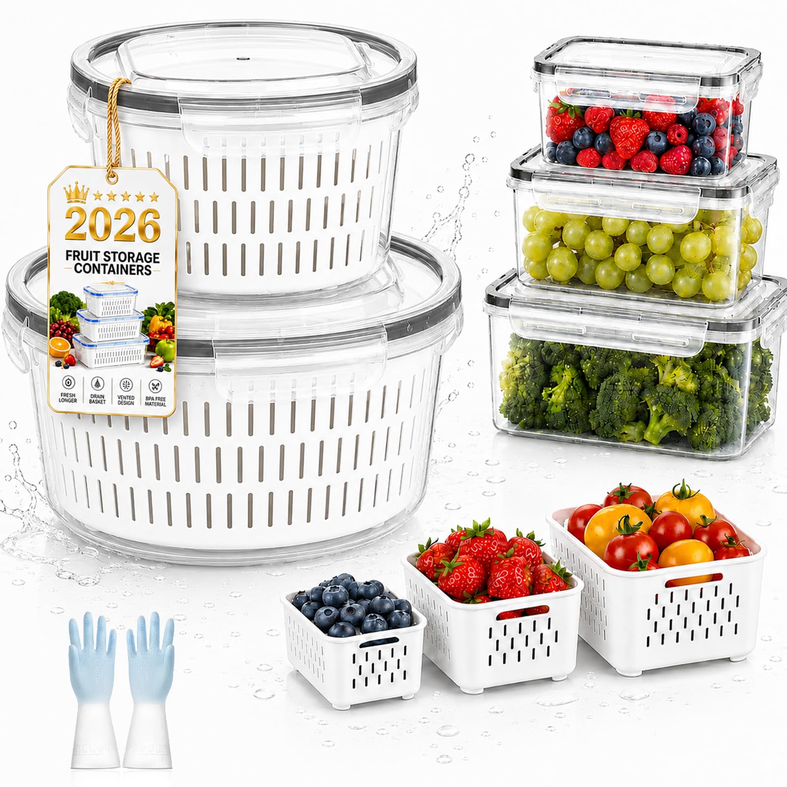 4-In-1 Fruit Strainer Container, Berry Storage Containers for Fridge with Removable Colander & Lid, Airtight Fresh Food Storage Containers with Drain Basket for Meat Fruit Vegetables (Round,S+L)