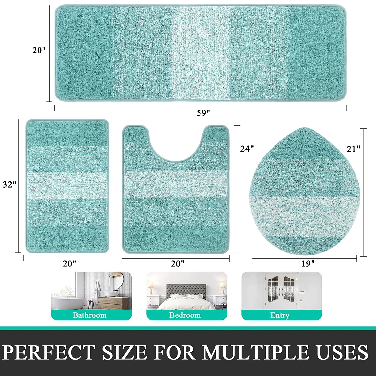 Bsmathom Badteppich-Set 4-teilig mit WC-Deckelbezug und Teppich-Set, saugfähige rutschfeste Badteppiche waschbar, weiches Hochflor-Badezimmermatten-Set mit U-förmigem Toilettenvorleger für Badezimmer,