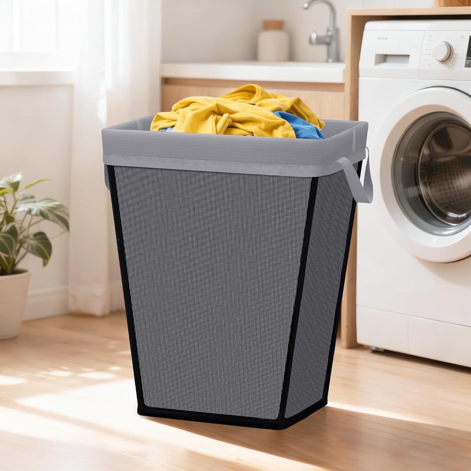 STO STO Laundry Basket 75L, Space-Saving Laundry Hamper for Small Spaces, Freestanding Clothes Hamper with Iron Frame, Removable Washable Liner, Laundry Organizer for Bedroom, Bathroom, Dorm, Gray