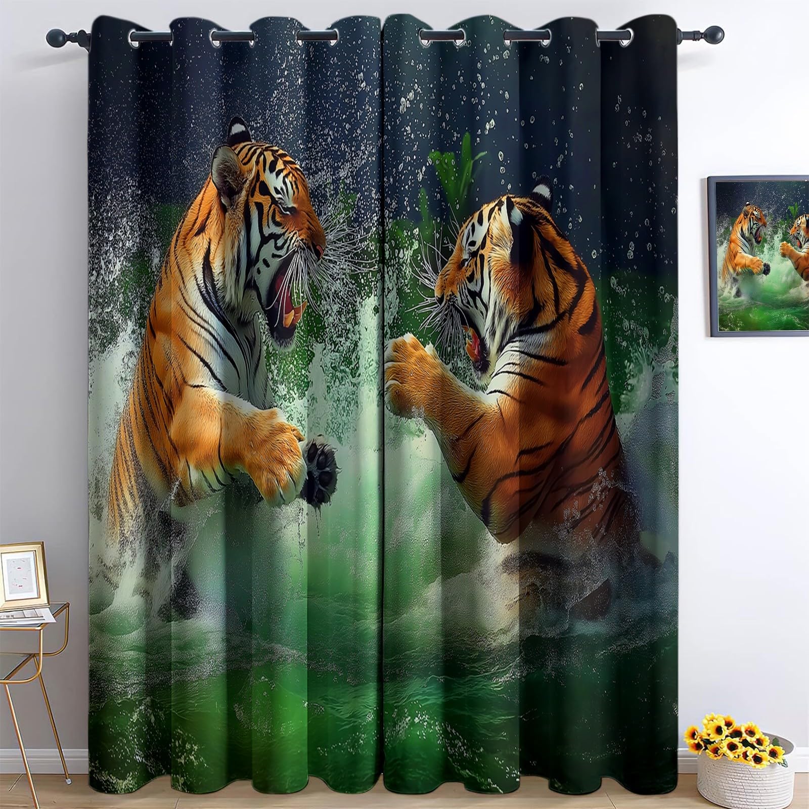 Rideaux thermiques occultants pour chambre bébé motif tigre vert lot de 2