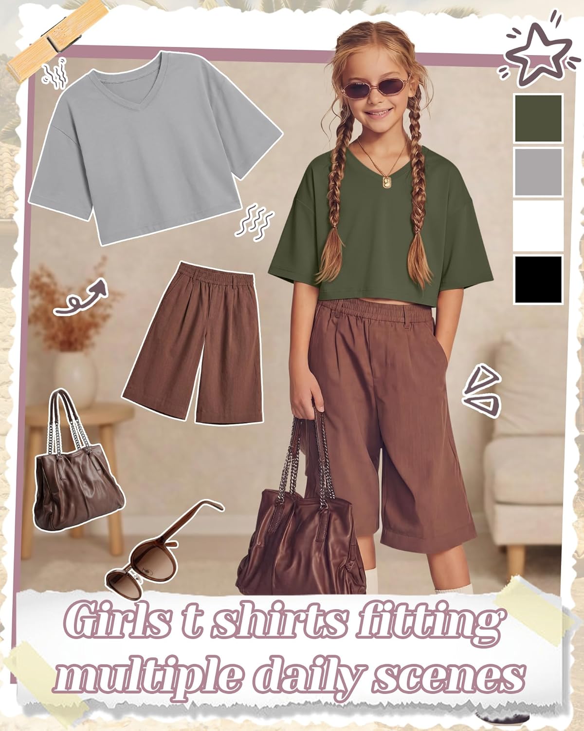 4 Pack Girls V Neck Crop Tops Kids Drop Shoulder Short Sleeve T Shirts Loose Fit Workout Tees 5-14 Years - Image 5