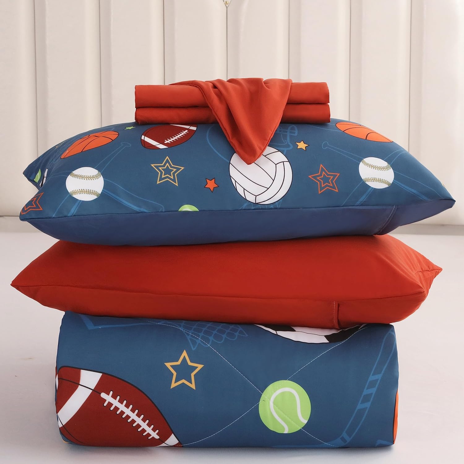 Sports Comforter Set Blue Ball Bedding Set Twin Size Baseball Basketball Soccer Tennis Bed Set for Teens Kids (1 Comforter,1 Flat Sheet,1 Fitted Sheet,2 Pillowcase and 2 Pillow Sham) - Image 8