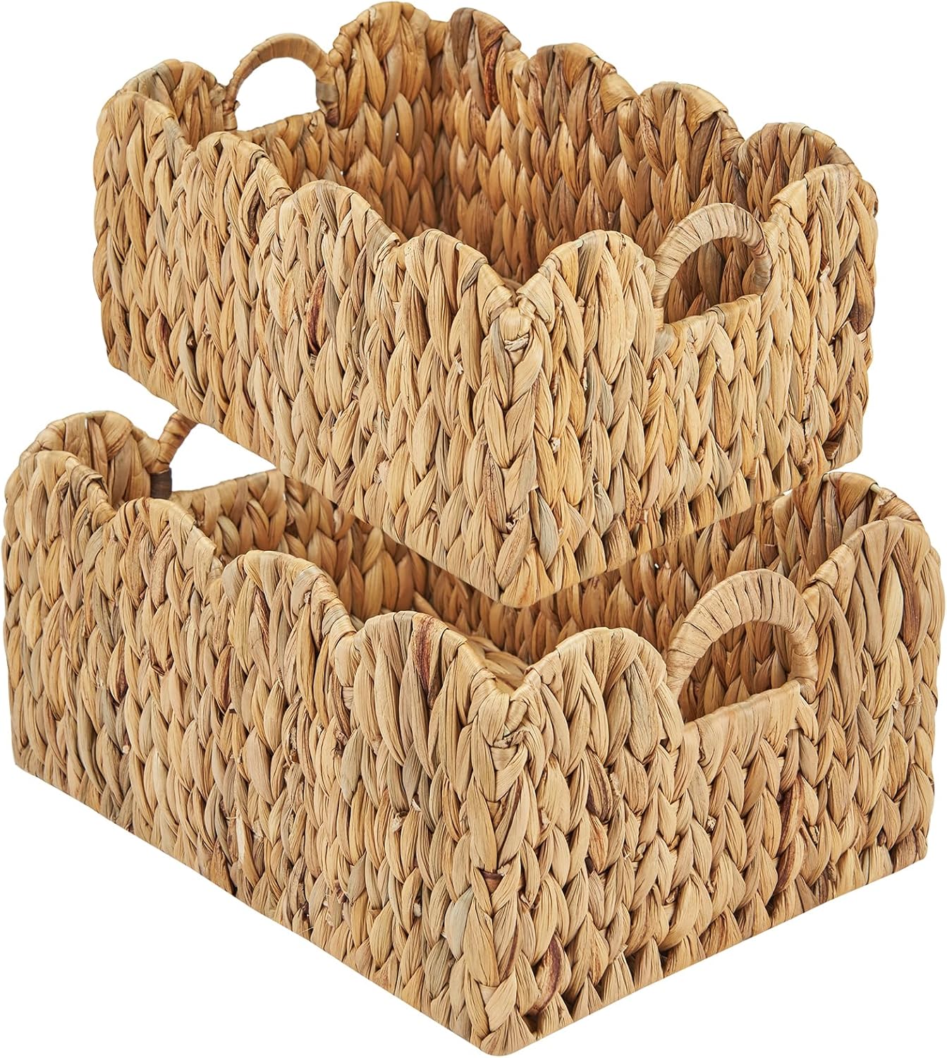 FairyHaus Wicker Basket 2Pack, Handwoven Scalloped Wicker Storage Basket with Handles, Natural Water Hyacinth Woven Bakests for Storage, Large and Small Rectangle Basket, 15 x 11 x 7" & 13 x 9 x 6.5"