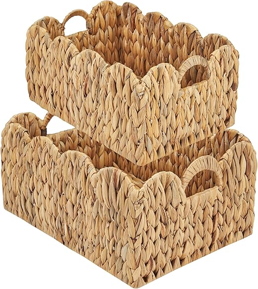 FairyHaus Wicker Basket 2Pack, Handwoven Scalloped Wicker Storage Basket with Handles, Natural Water Hyacinth Wicker Bakests for Storage, Large and Small Rectangle Basket, 15 x 11 x 7" & 13 x 9 x 6.5"