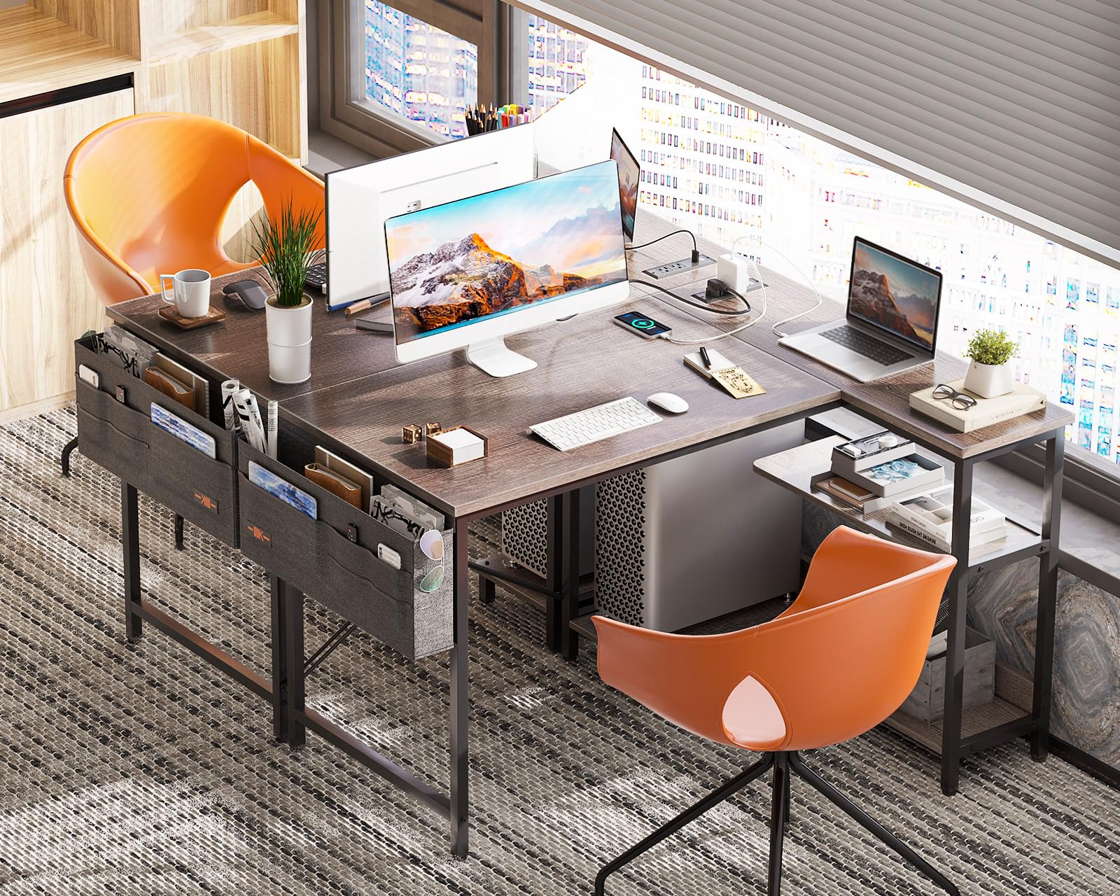 ODK 40 Inch Small L Shaped Computer Desk with Power Outlets, Corner Desk with Reversible Storage Shelves & PC Stand for Home Office Workstation, Modern Simple Writing Study Table, Grey Oak