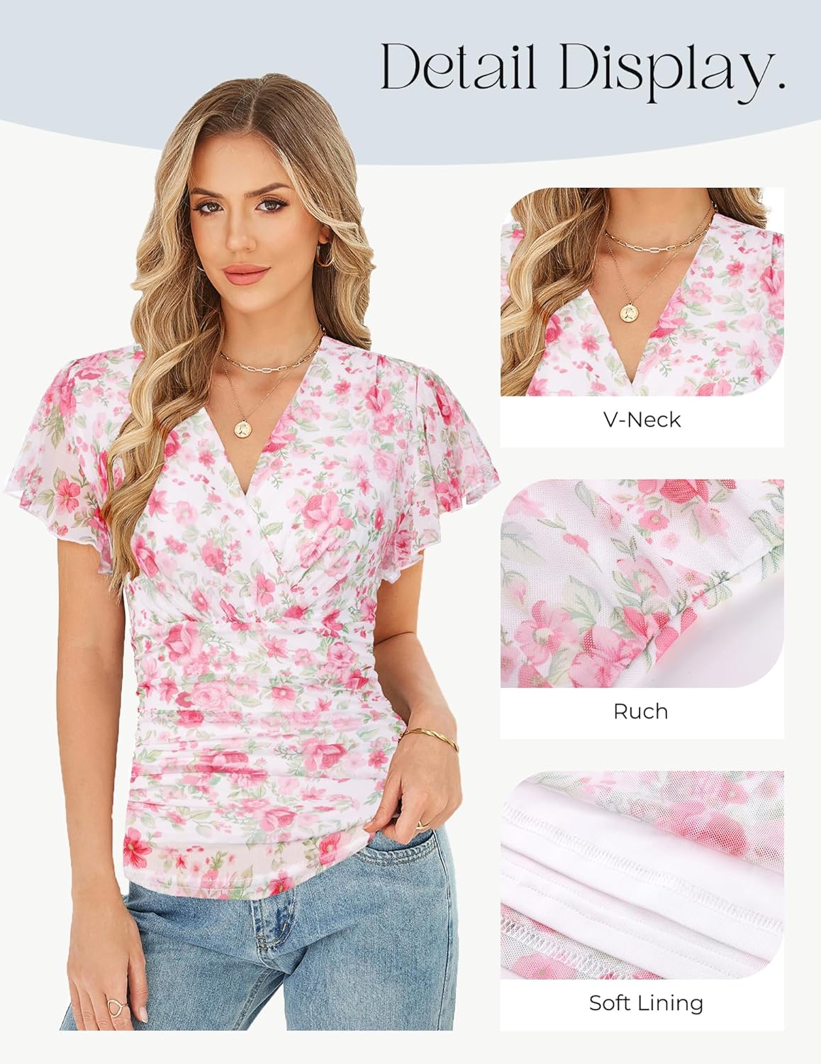 GRACE KARIN 2026 Womens Mesh Tops Summer Ruffle Sleeve Dressy Casual Top Floral Wrap Blouse Fashion Outfits - Image 4