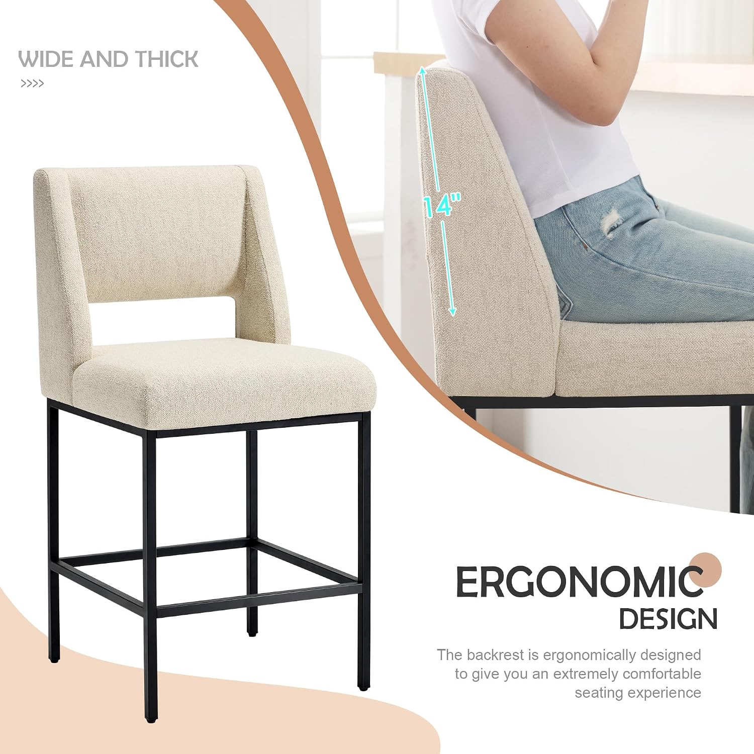 Counter Height Bar Stools Set of 2 for Kitchen Counter, Modern Bar Chairs with Backs 26 Inch, Upholstered Linen Seat and Metal Frame for Kitchen Island, Beige