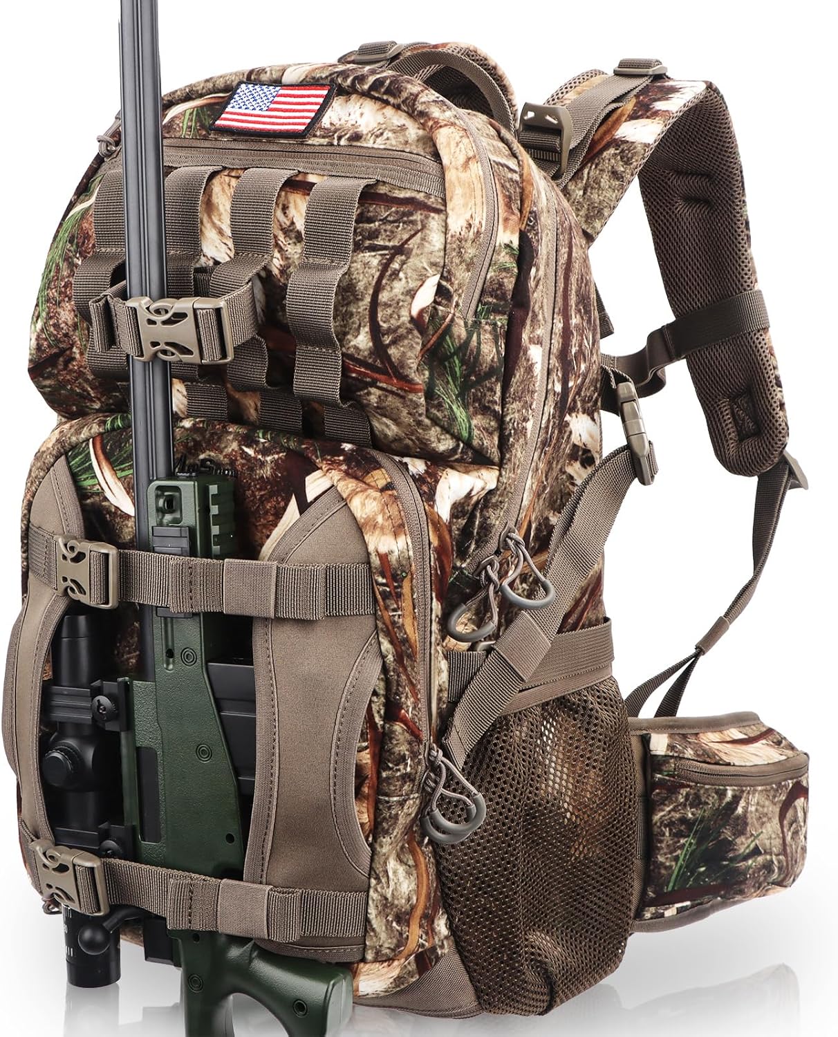 MoiShow Hunting Backpack, Camo Hunting Backpacks & duffle Bags, Water-resistant Long-Lasting Large Capacity Bow Backpack Hunting Pack For Hunting Gear Accessories (Stealth Reed Camo)