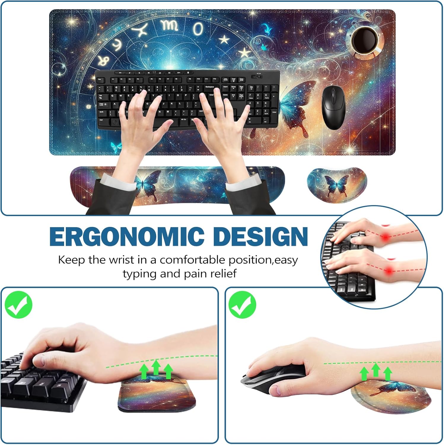 ToLuLu Large Mouse Pad Desk Pad Set, Wrist Rest Support Desk Mat for Keyboard and Mouse, 4PCS 35.4”x15.7 XXL Giant Mouse Pad, Non-Slip Base Stitched Edges Mousepad Home Office, Glittering Butterfly