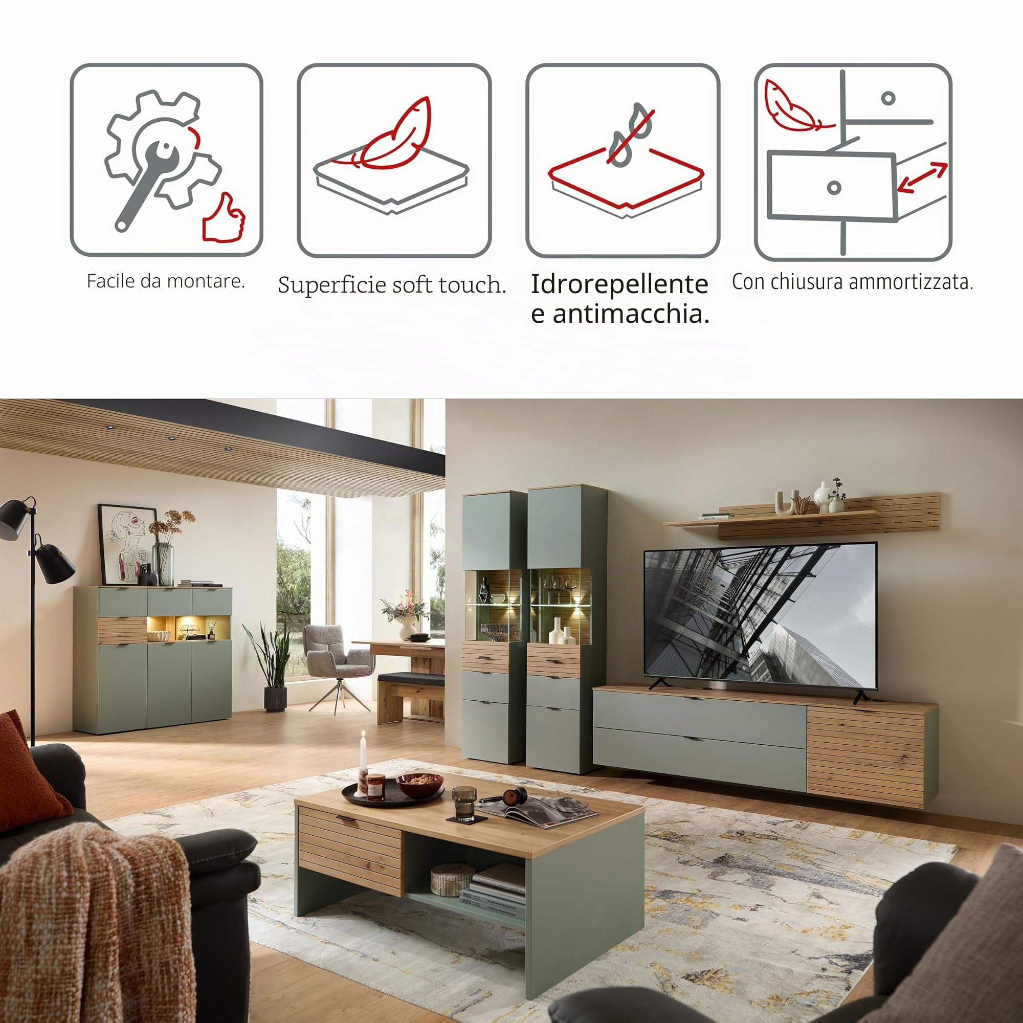 Stella Trading INA - Set completo da parete in verde canna, effetto rovere artisano, certificato FSC, 5 pezzi, con illuminazione a LED per il vostro soggiorno, 320 x 200 x 44 cm (larghezza x altezza x