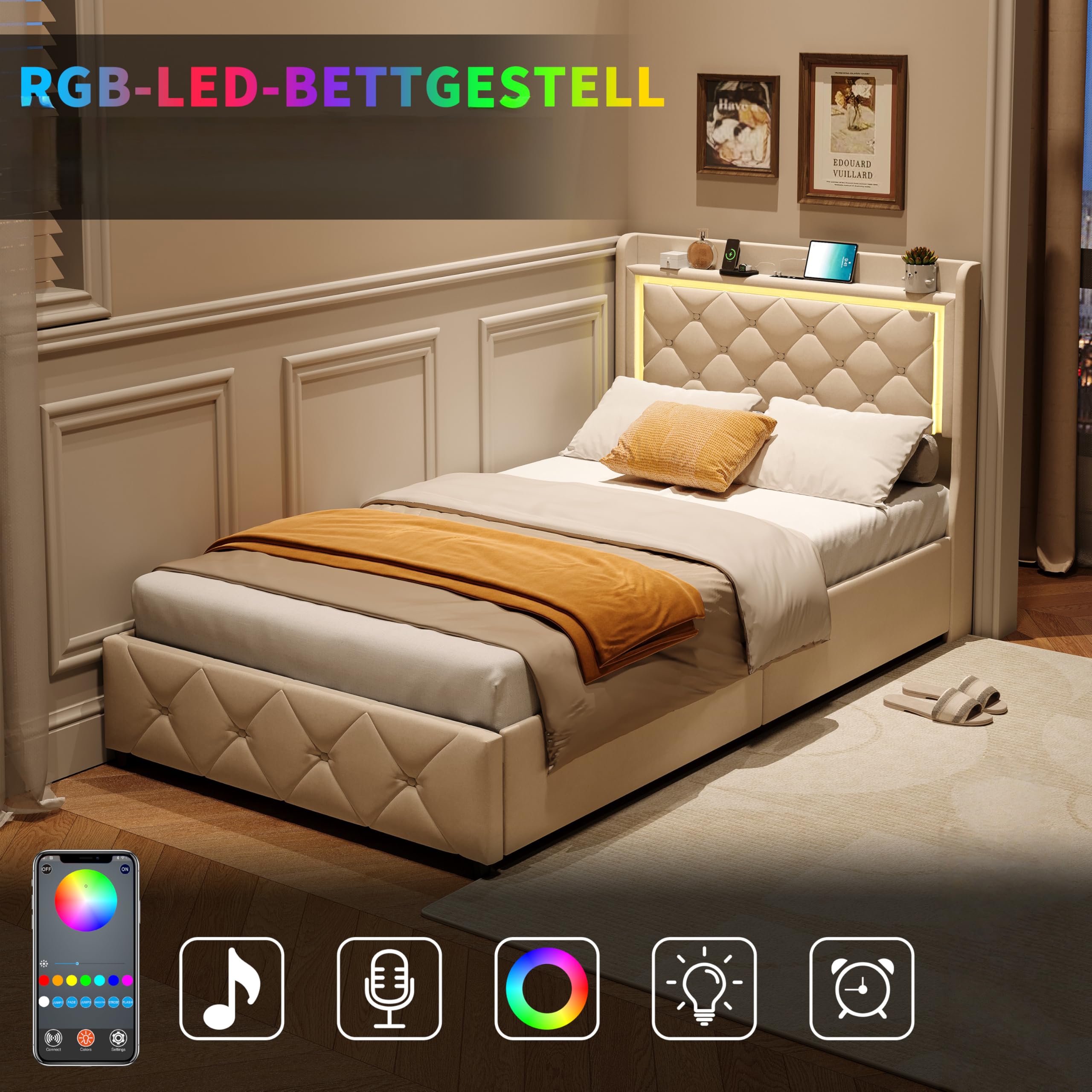 Kinderbett 90x200 cm mit 4 Schubladen, Einzelbett Polsterbett für 1 Kinder mit LED-Beleuchtung und USB, Jugendbett mit Stauraum, Kopfteil mit Stauraum, Flanell, Beige (Beige-d, 90x200 cm)