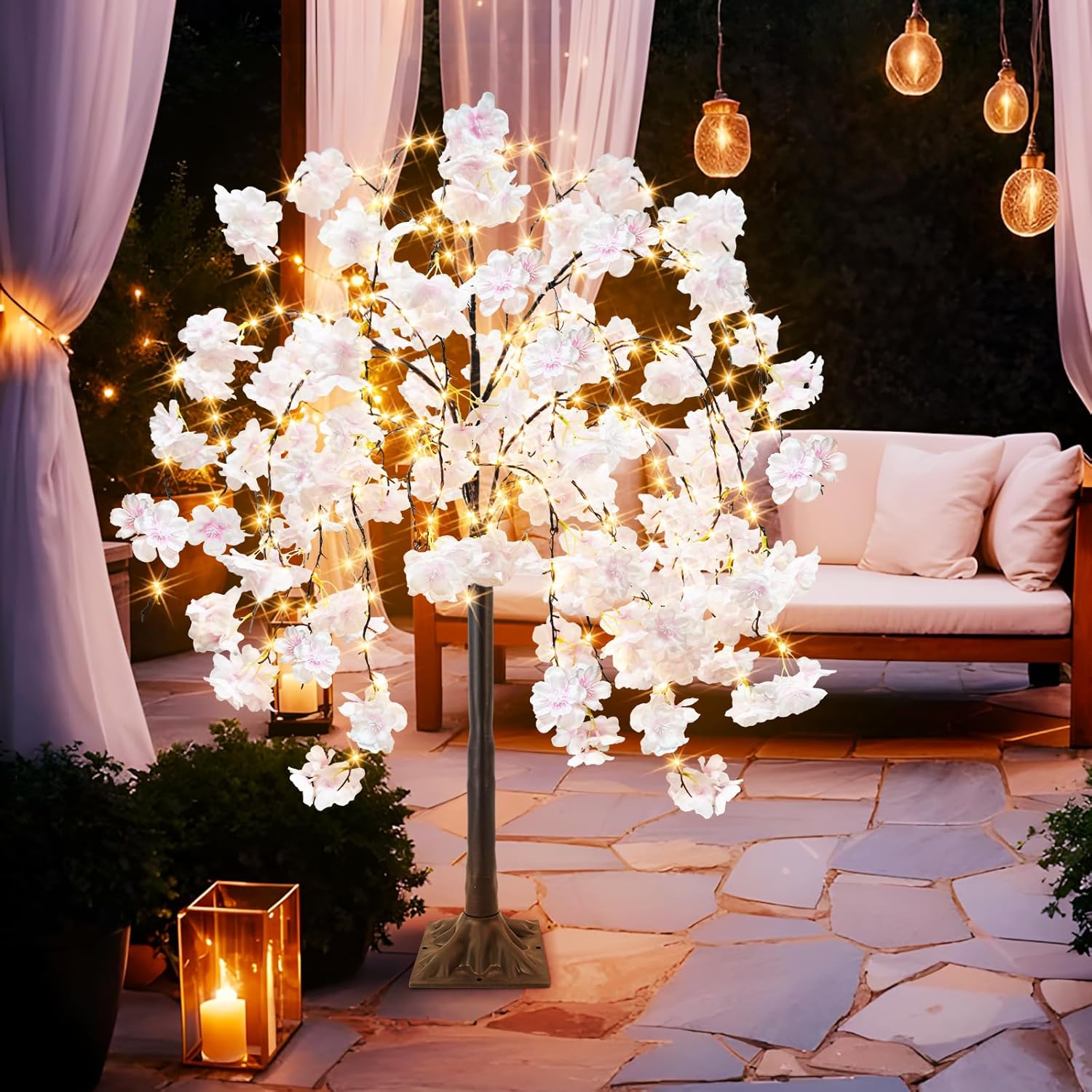 4FT Cherry Blossom Tree with 360 LED Fairy Lights Artificial Lighted Tree with 8 Lighting Modes Light Up Pink Tree with Faux Flowers for Spring Wedding Party Indoor Outdoor Decor - Image 6