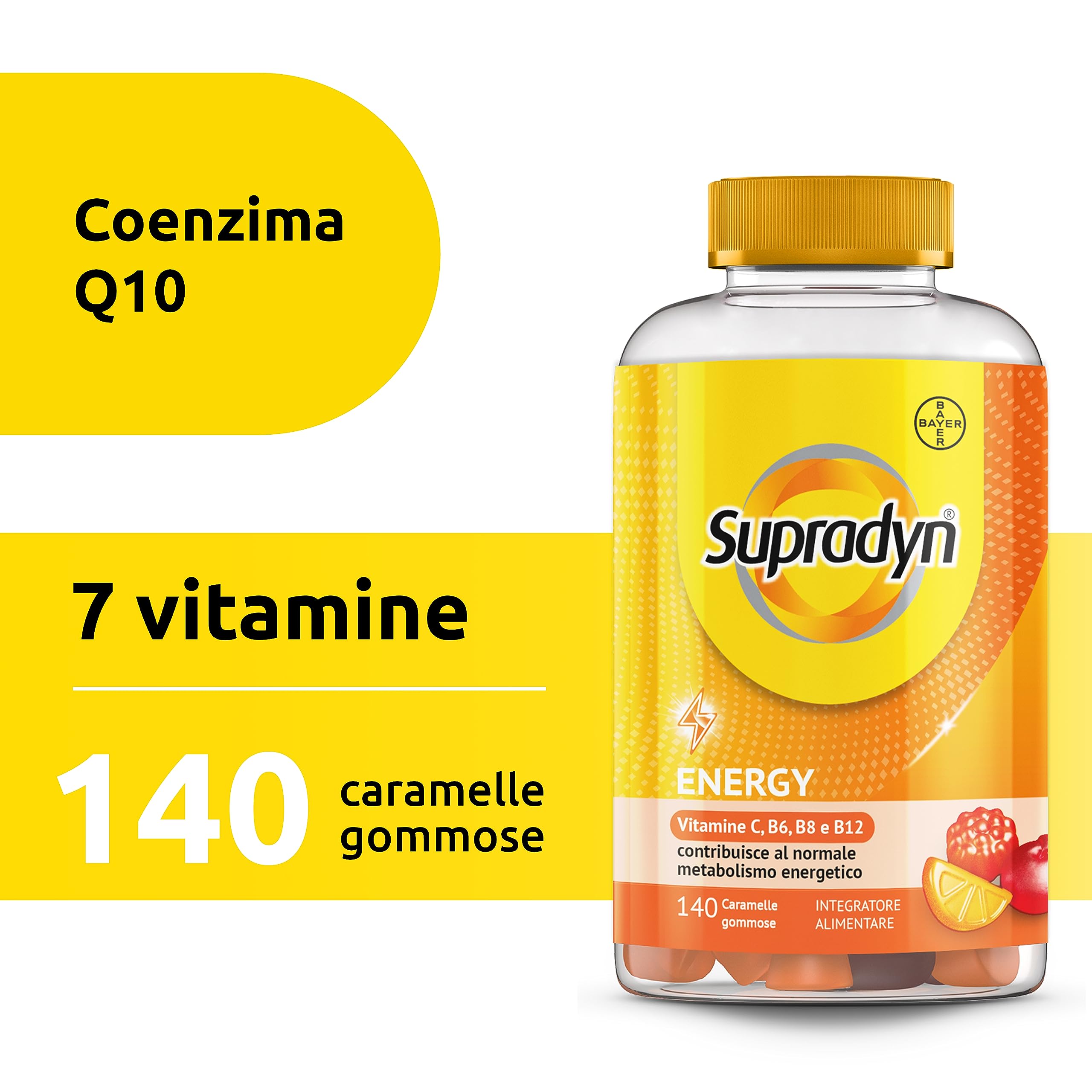 Supradyn Energy Multivitaminico Caramelle, Integratore Multivitaminico Completo, con Vitamine A, B, C, D, E e Coenzima Q10, 140 Caramelle Gommose Multivitaminiche Gusto Ciliegia, Lampone e Arancia