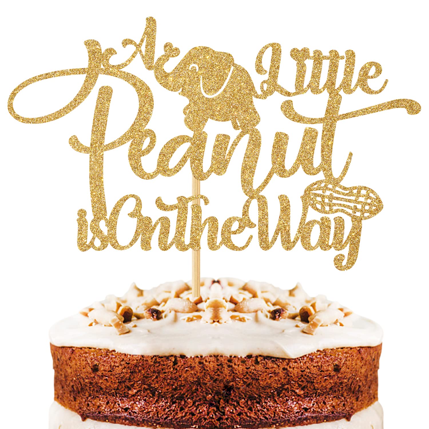 Gold Glitter A Little Peanut is on the Way Cake Topper, Elephant Theme Newbaby Cake Decor, Baby Shower/Gender Reveal/Happy 1st Birthday Party Decorations Supplies