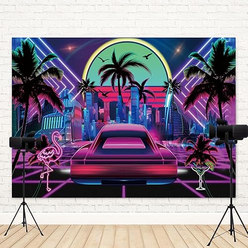 Miniatura 4 de Fondo de neón brillante retro de 7 x 5 pies, 70, 80, 90, Y2K, escenario de fotografía tropical urbano, escena callejera, colorido, punk, paisaje