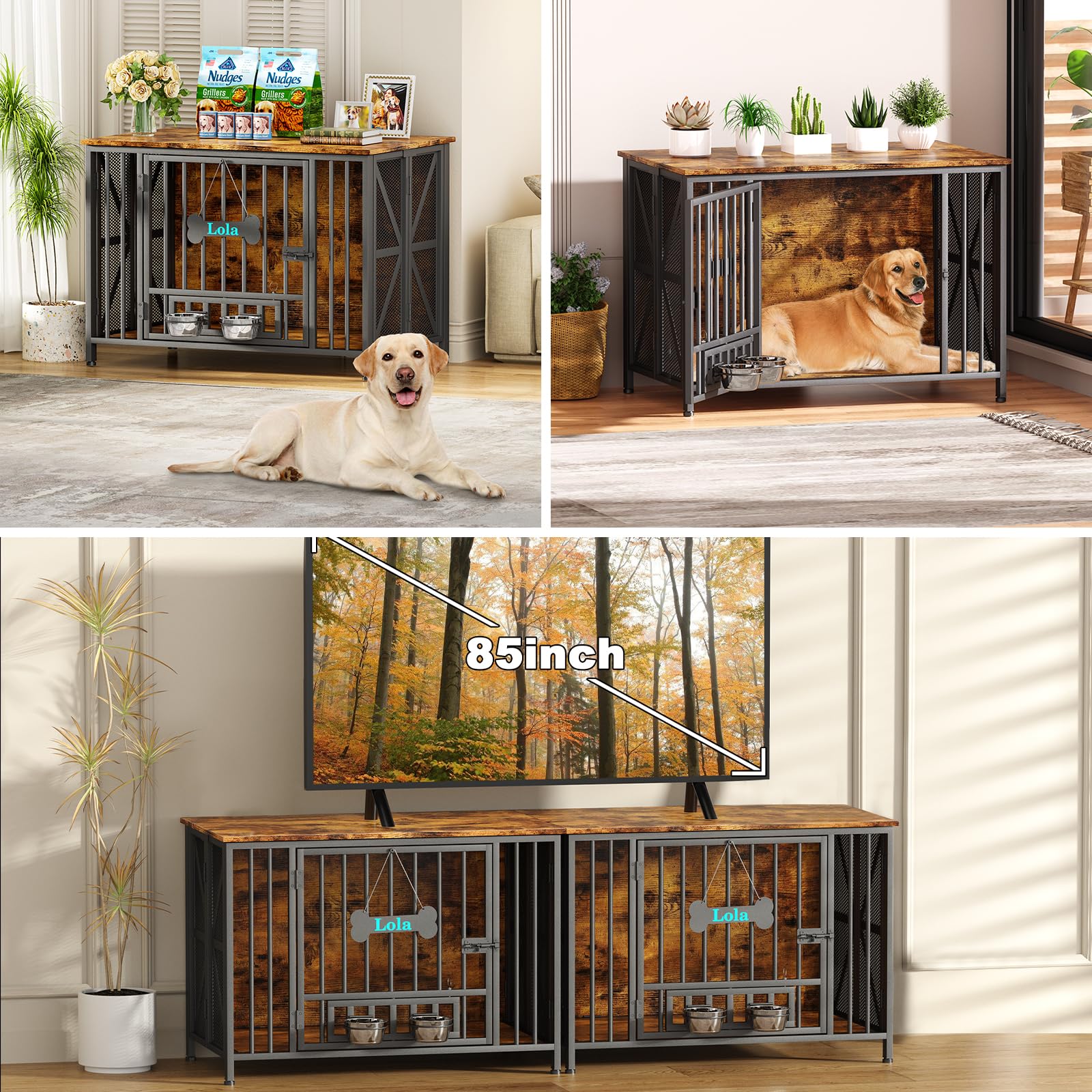 Faltbarer Großer Hundekäfig Möbel für M/L/XL Hunde, 105cm Montagefreie Holz Indoor Hundebox für Zuhause, mit Hundenäpfen & Namensschild, als Beistelltisch & TV-Ständer, 105x65x72cm, Braun