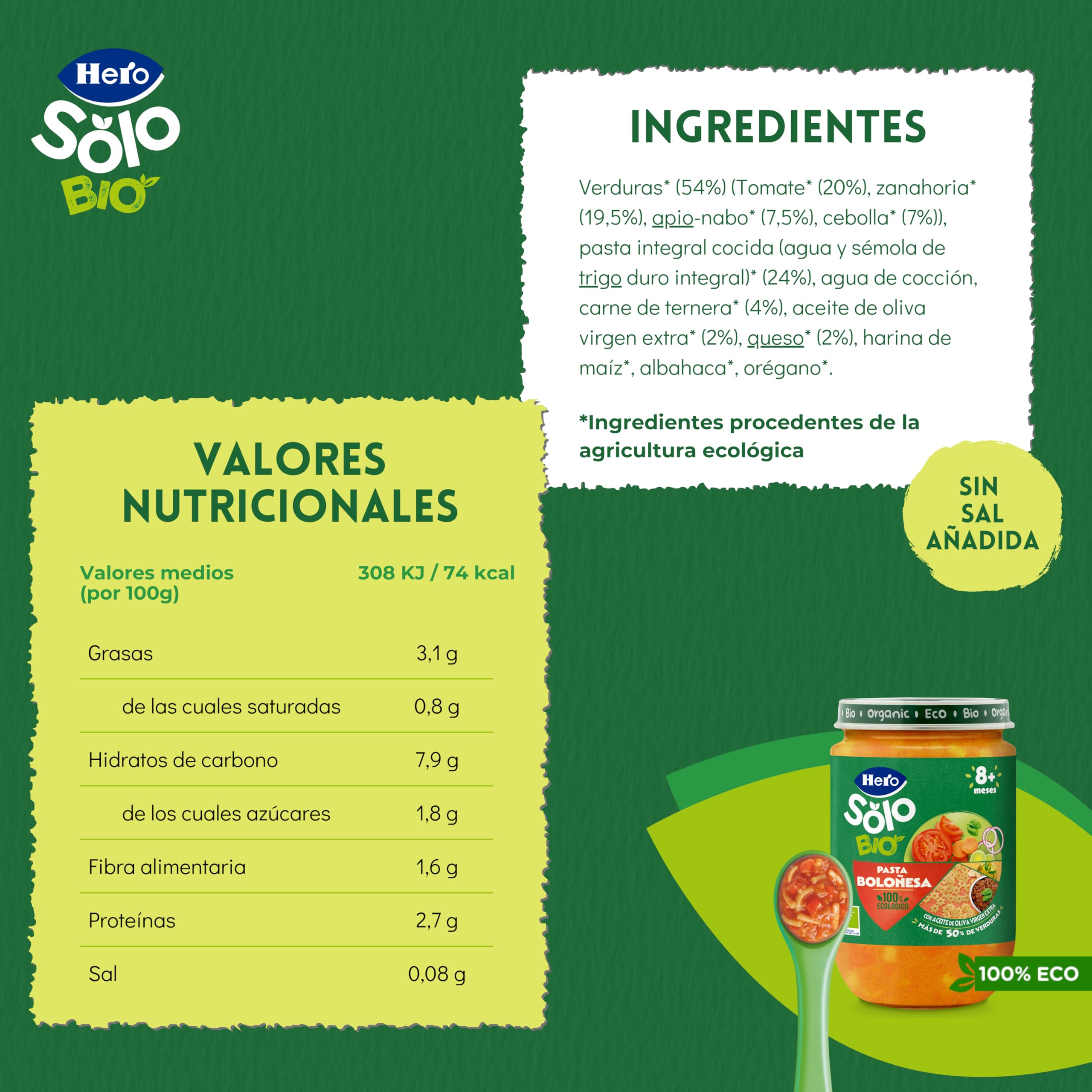 Hero Solo Potitos de Macarrones con Tomate 100% Eco y nada más, Apto para Veganos y Bebés Desde 6 Meses - Pack de 12 x 190 gr