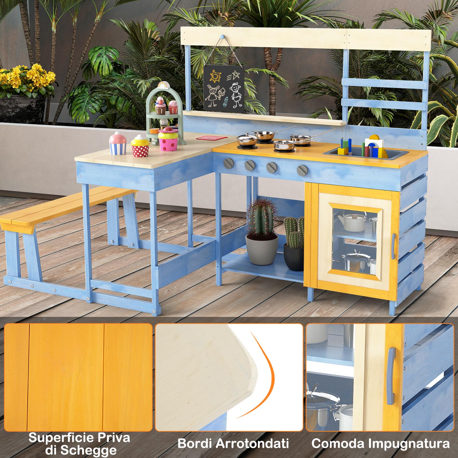 COSTWAY Cucina Giocattolo per Giardino con Tavolo e Panchina da Picnic, Cucina per Bambini in Legno di Abete con Fornelli, Lavandino, Lavagna e Forno, con 17 Accessori, 150 x 71 x 98 cm (Blu)