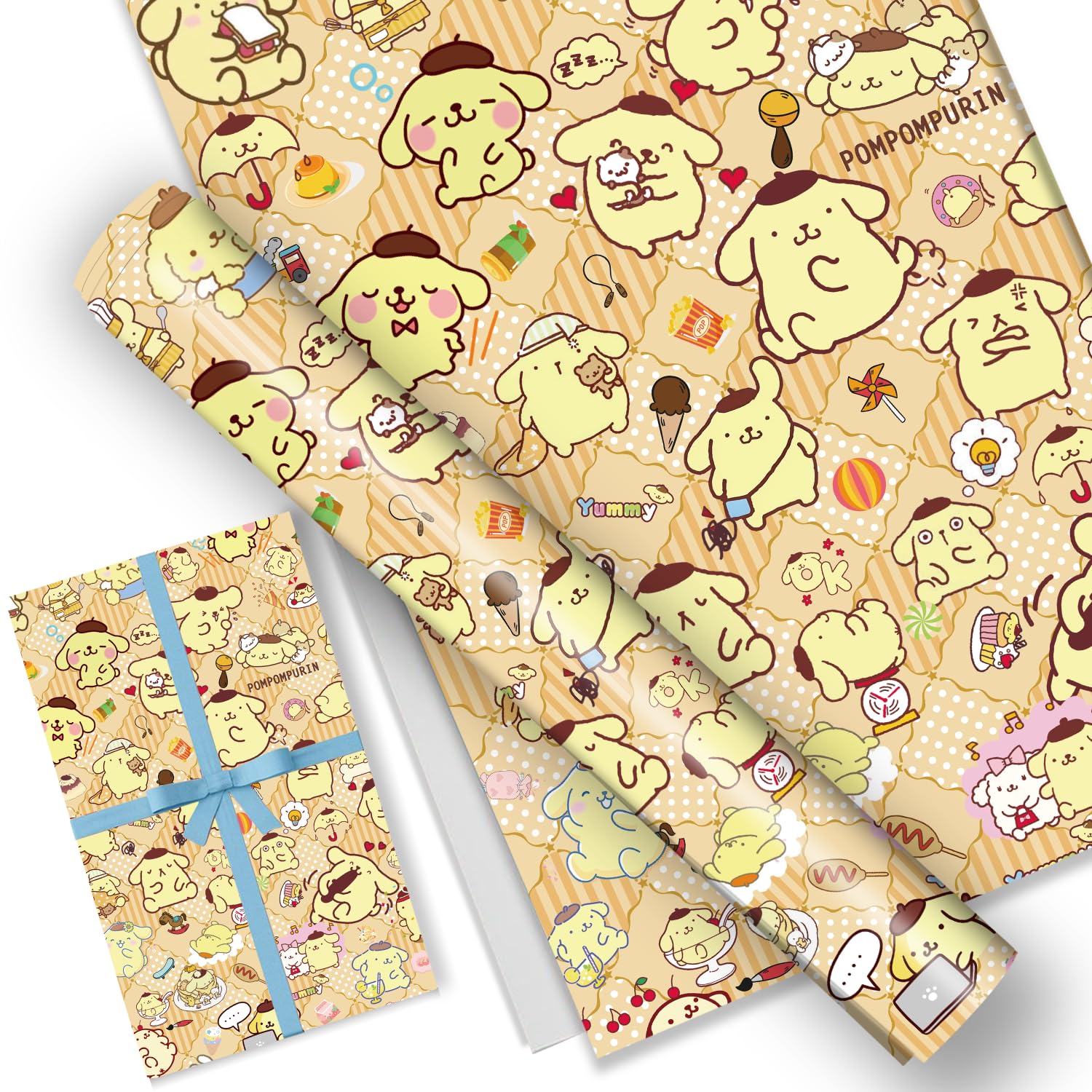EYQQMPack of 5 Pudding Gift Wrapping Paper 20" x 30" Kraft Paper Sheets Quality Birthday Wrapping Paper Set for Kids, Party Storage Festive Decoration (Yellow Biscuit Puppy)