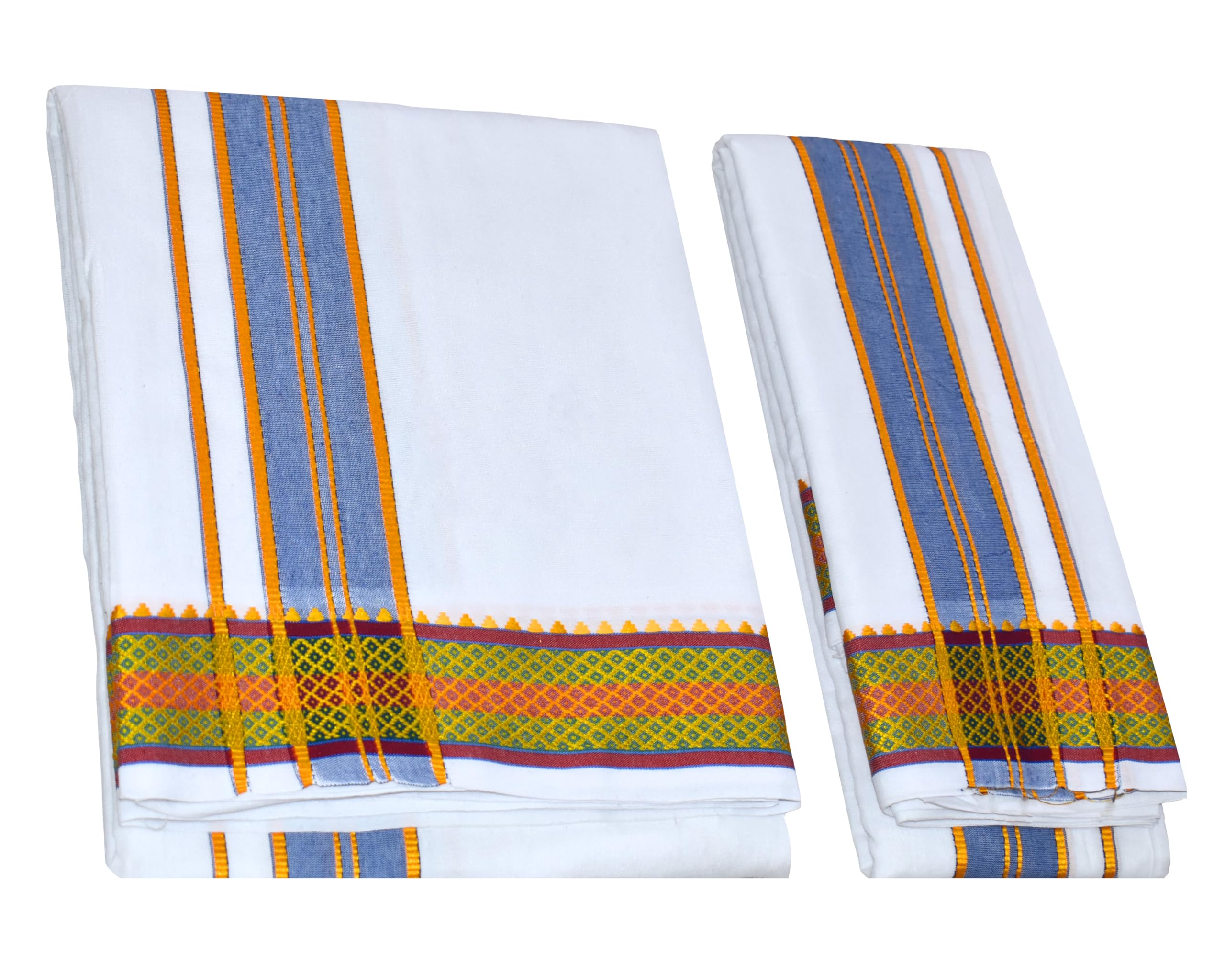 Men's Panchakacham Dhoti with Angavasthram with Zari Border, Cotton, Size: 9 X 5 (4.0mtr Dhoti, 2.25mtr Towel)