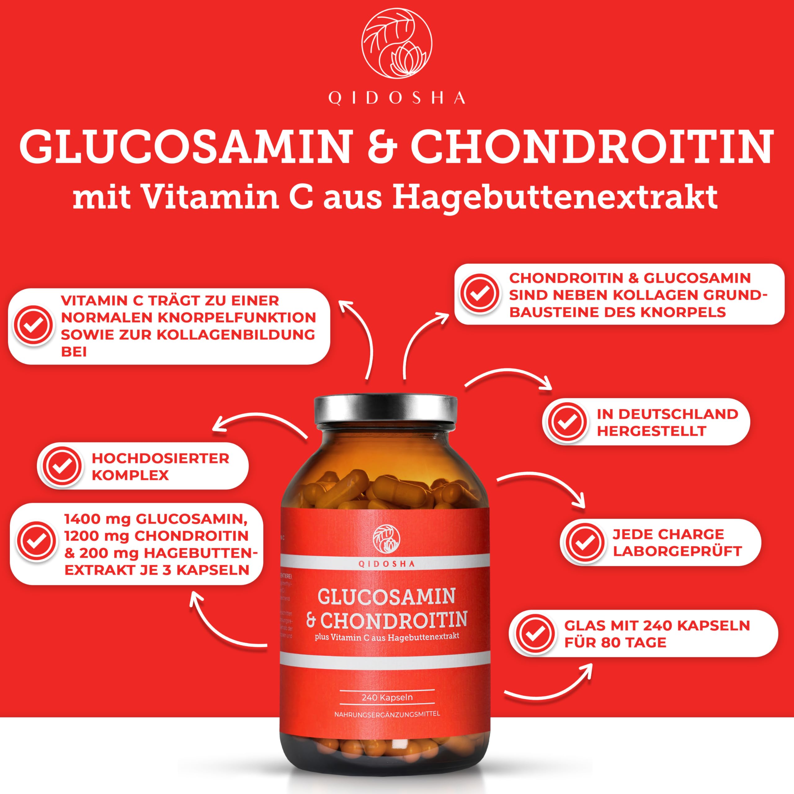 QIDOSHA® Glucosamin & Chondroitin plus Vitamin C, 240 Kapseln, jede Charge laborgeprüft, deutsche Fertigung, 1400mg Glucosamin, 1200mg Chondroitin & 200mg Hagebuttenextrakt je Tagesportion (3 Kapseln)