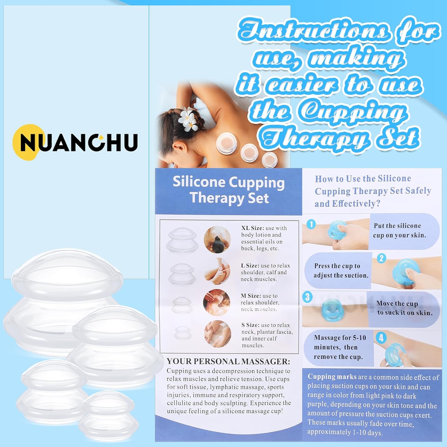 Nuanchu 8 Pcs 4 Sizes Cupping Therapy Set with Satin Bag Silicone Massage Cups Professional Cupping Therapy Vacuum Cup for Cellulite Joint Pain Muscle Pain(Clear) - Image 2