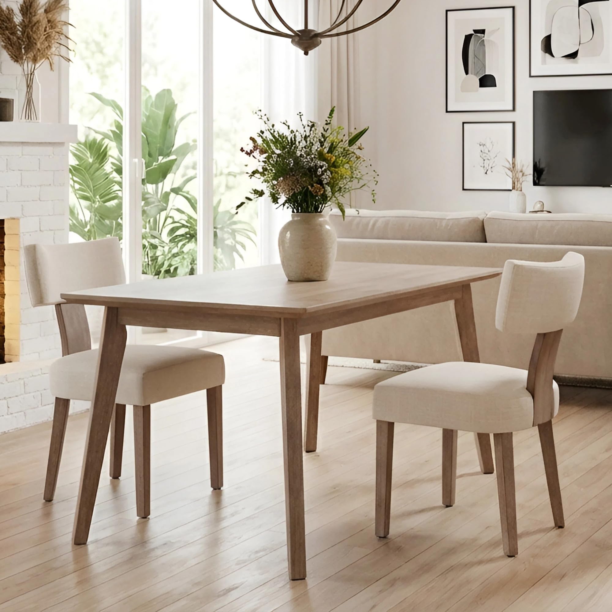 Wahson Farmhouse Dining Chairs Set of 2, Beige Upholstered Mid Century Modern Kitchen Chairs with Natural Wooden Legs, Linen Fabric Dining Chairs with