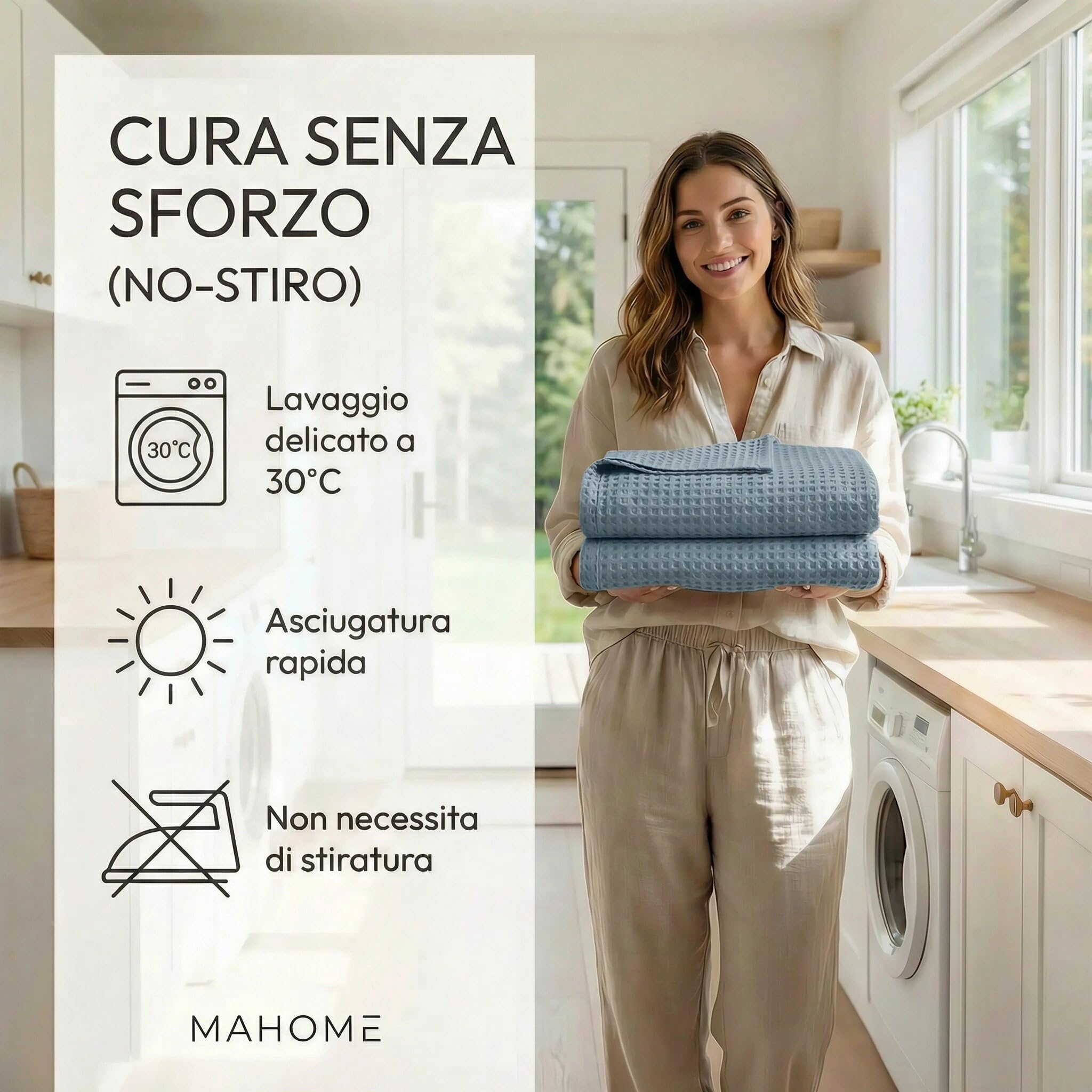 Mahome Copriletto Nido d'Ape Matrimoniale in 100% Puro Cotone di Alta Qualità 260x260 cm, Coperta Estiva Primaverile Leggera e Traspirante, Tinta Unita Elegante Morbido (Azzurro Polvere)