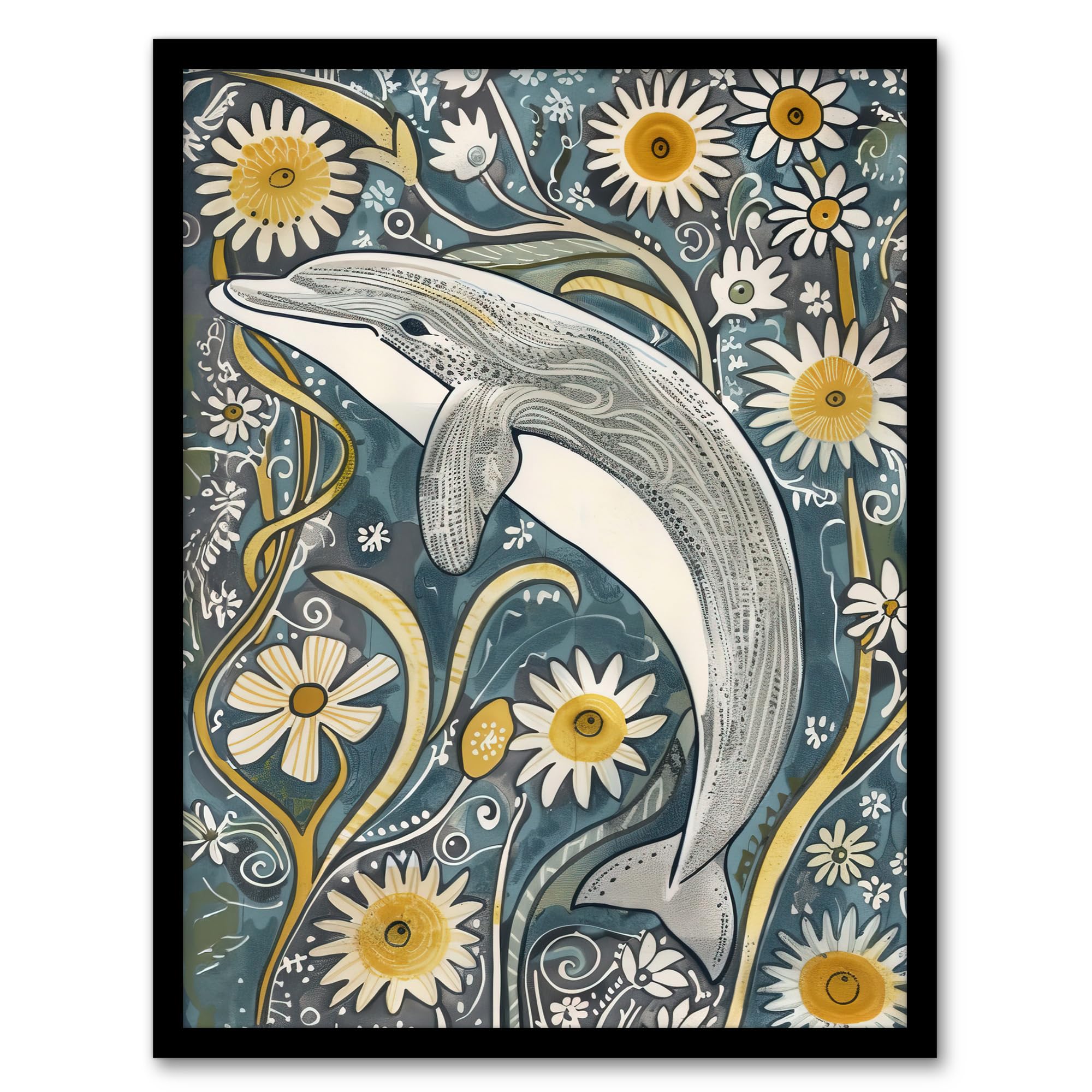 Artery8 Dolphin Daisy Wildflowers Artwork Quirky Floral Bathroom Toilet Artwork Framed Wall Art Print 18X24 Inch