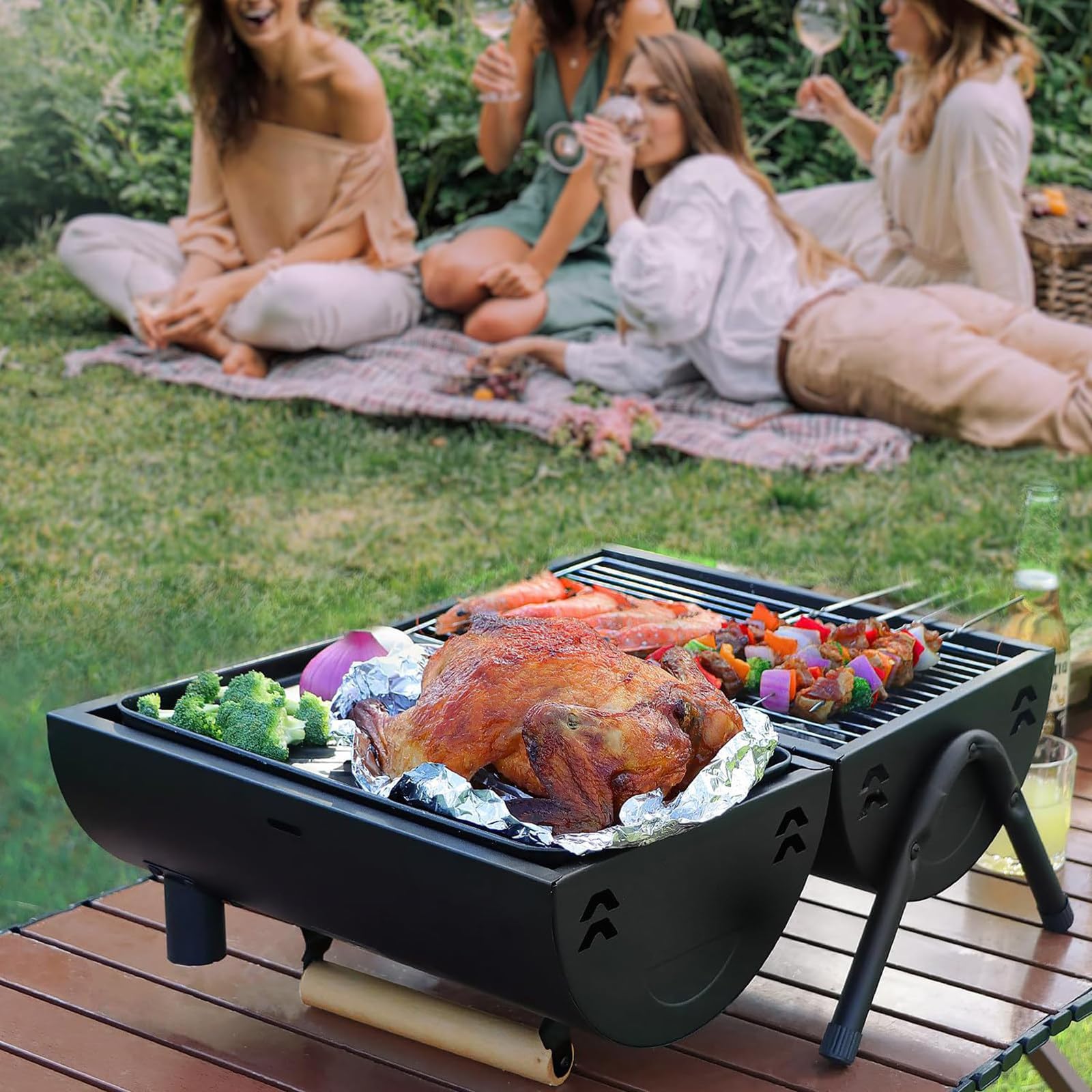 Barbecue portatile pieghevole a doppia faccia con camino, ideale per campeggio all'aperto, feste in giardino e cucina da tavolo