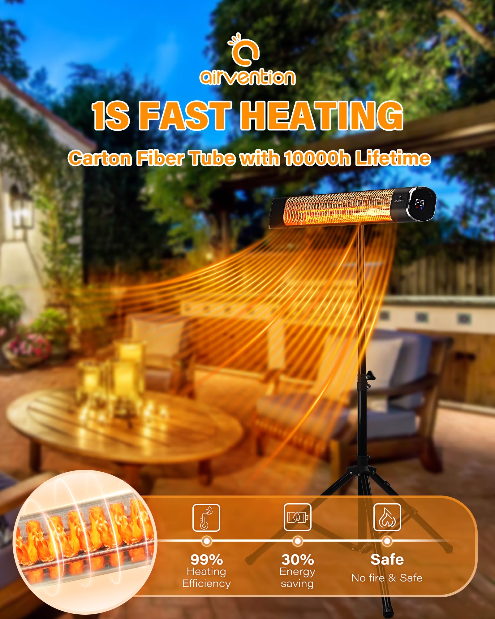 Electric Patio Heater, Airvention Outdoor Heater with Tripod Stand, 9