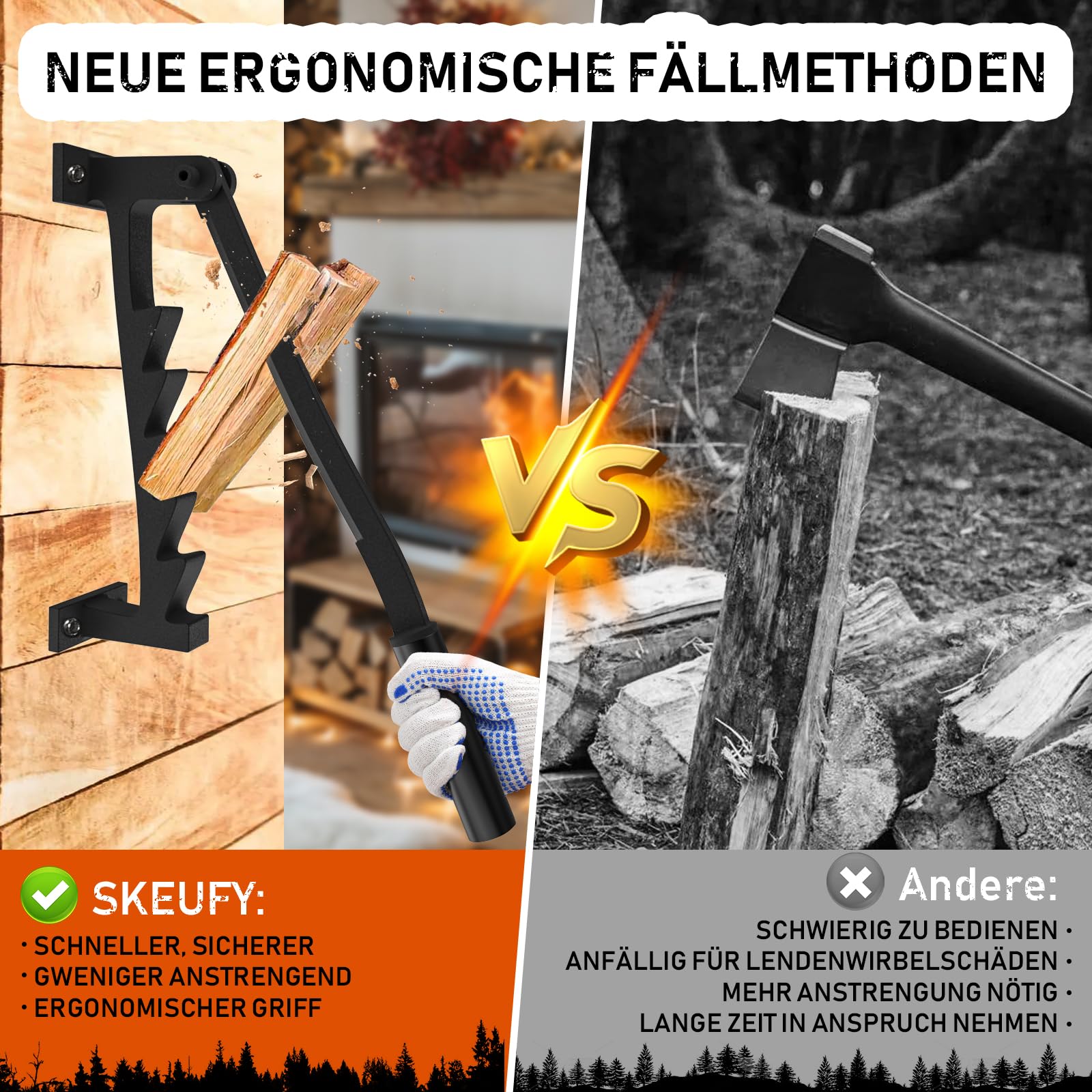 Holzspalter Manuell Anzündholz Spalter zur Wandmontage Handholzspalter Wand Holzspalter, Spalter Holz, Wood Splitter mit 2 Abziehbar Griff und Antirutsch Handschuhe für Indoor & Outdoor