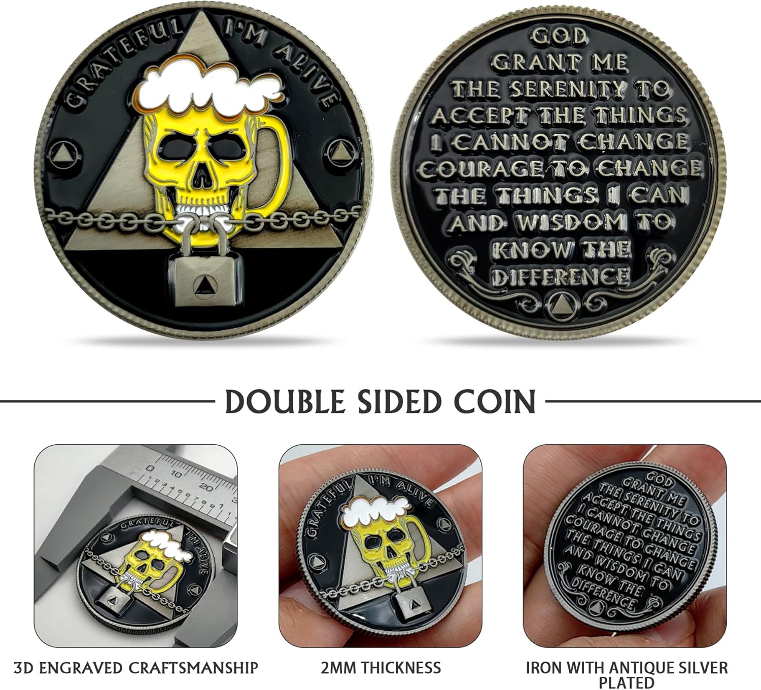 Skull Sobriety Coin, Grateful I'm Alive Recovery Chip, NA AA Coins and Medallions with Serenity Prayer, Narcotics Alcoholics Anonymous Gifts for Men Women, Celebrate Clean and Sober Living - Image 3