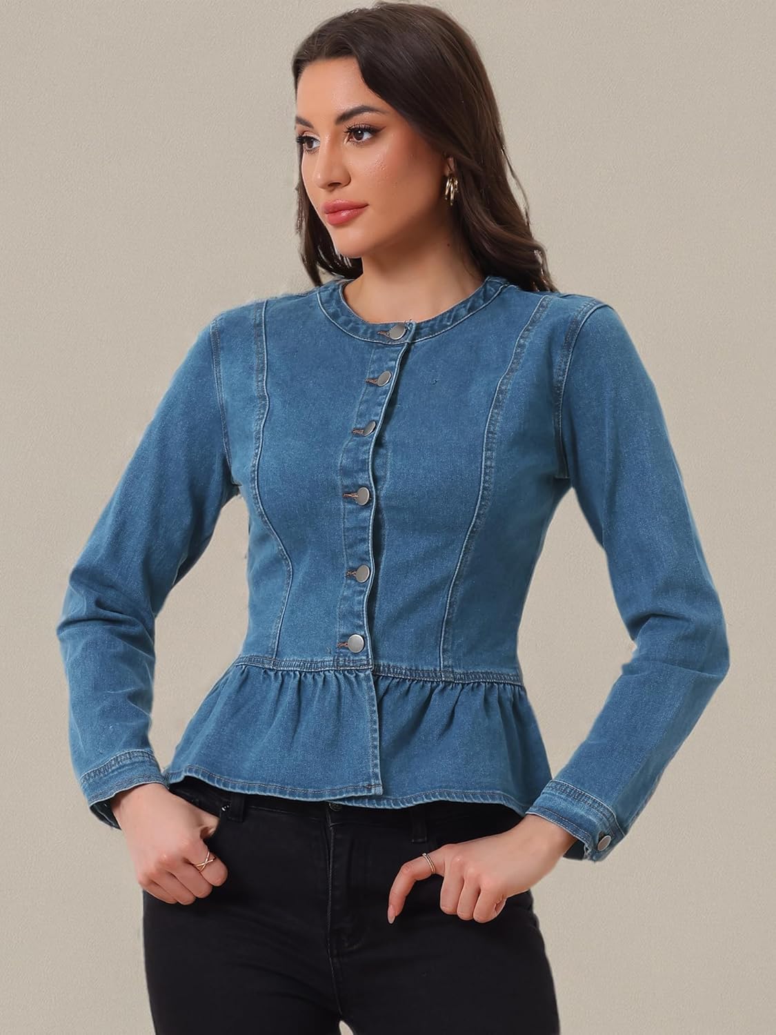 Allegra K Women's Peplum Denim Jackets Collarless Round Neck Button Down Cropped Ruffle Hem Jacket - Image 6