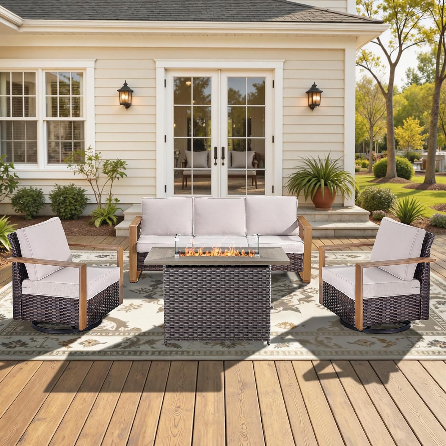 High Back Patio Furniture Set with Fire Pit Table, 4-Pieces Outdoor Furniture with Metal Arm Swivel Chairs, Wicker Conversation Set for Porch, Balcony, Deck and Yard, Beige